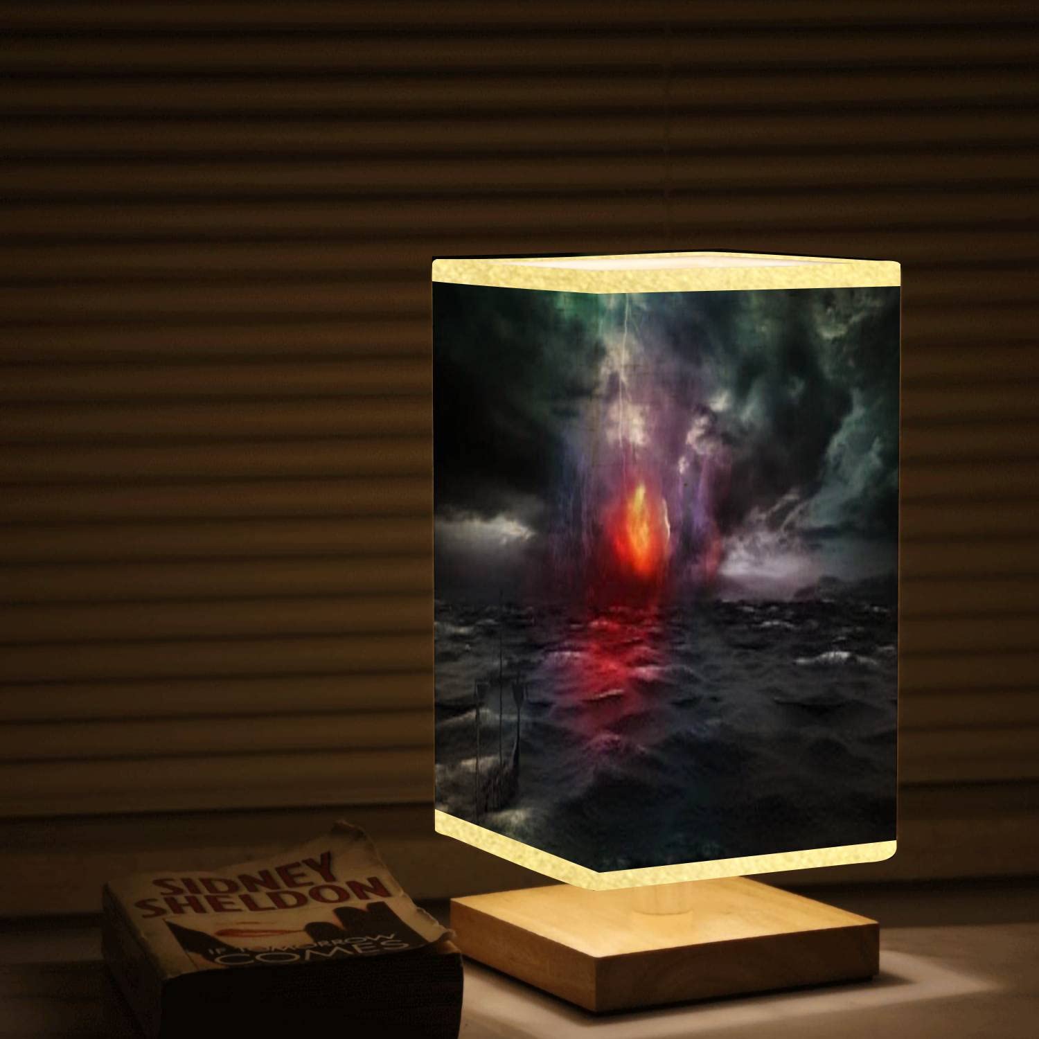 3D Wooden Base Stormfire & Viking Ship Square Bedside Table Lamp - Dimmable Nightstand Lamp with Flaxen Fabric Shade for Bedroom, Living Room - Perfect for Reading, Relaxing & Creating Cozy Ambiance