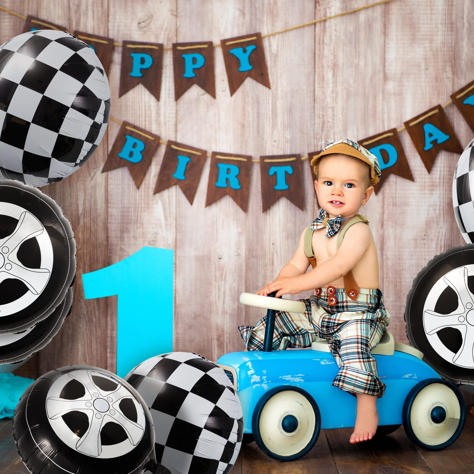 12 Pcs 18 Inch Black and White Checkered Balloons - Race Car Tire Wheel Balloons for Racing Theme Birthday Party Decorations, Baby Shower, Graduation & Sports Events Decoration Supplies