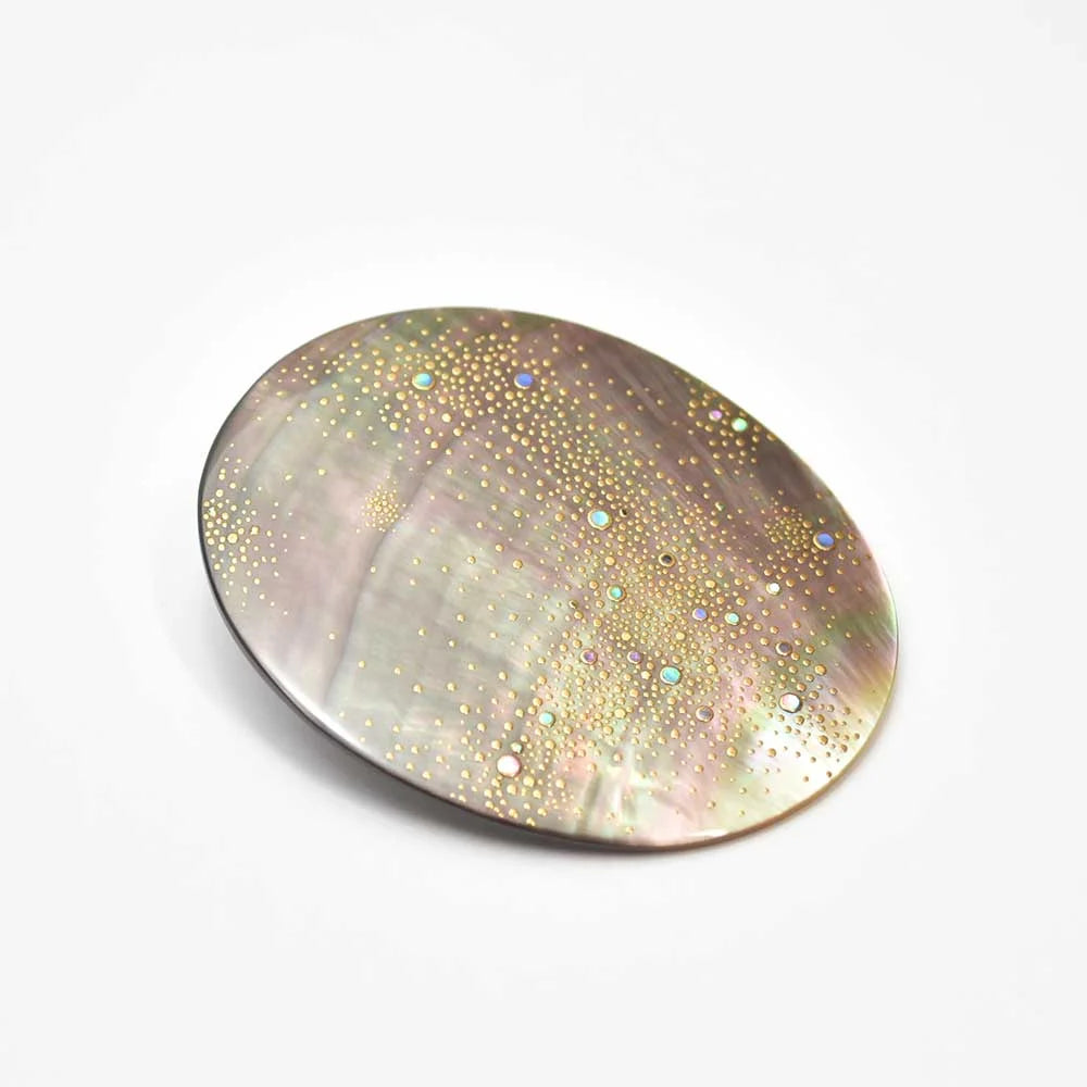 Handcrafted Japanese Maki-e Urushi Lacquer Brooch with Black Lip Oyster Pearl Shell - Milky Way Design | Traditional Artisan Jewelry for Women | Perfect for Formal Occasions, Weddings & Special Events