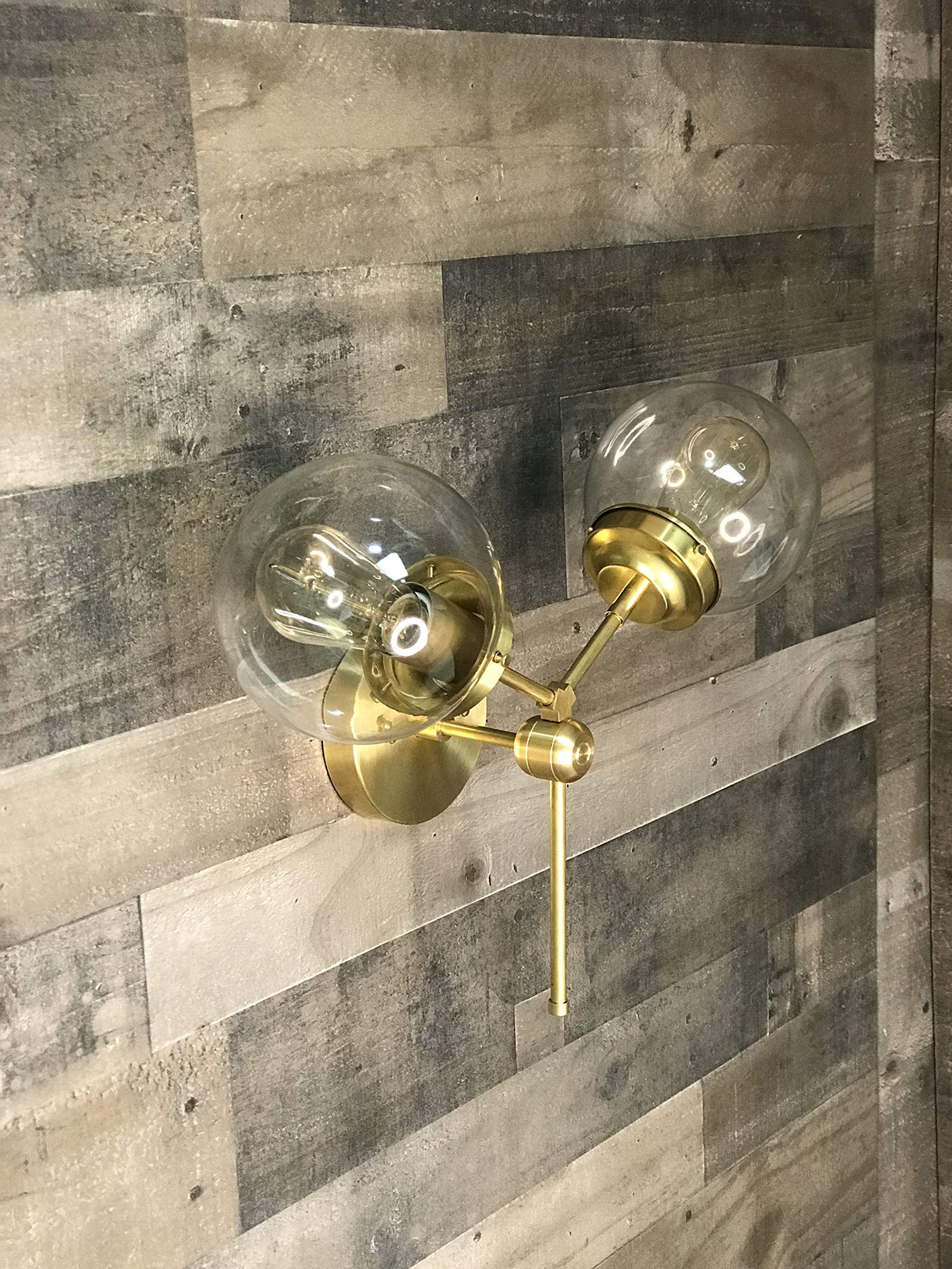 Vintage Mid Century Modern Double 6 Inch Wall Sconce - Clear Brass Finish LED Lighting Fixture for Bedroom, Living Room & Hallway