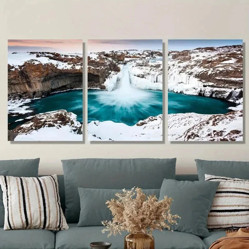 3-Piece Iceland Waterfall Winter Snow Scene Metal Wall Art - Ready to Hang Nordic Landscape Prints for Living Room, Bedroom & Office Decor