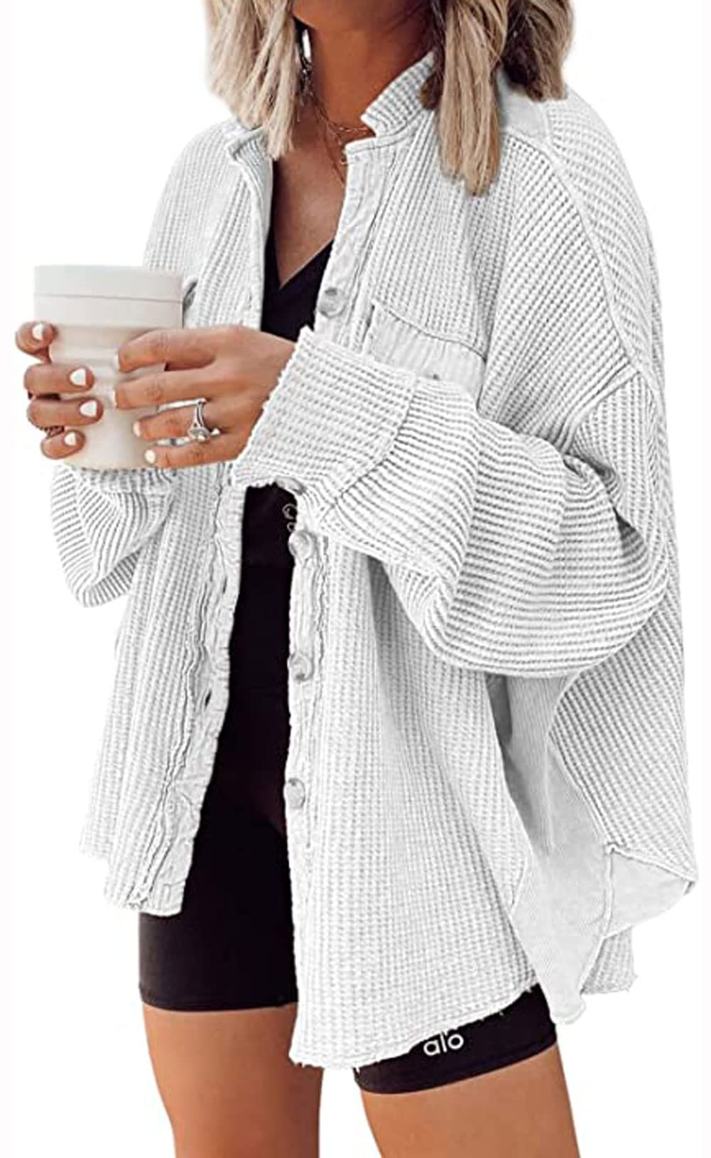Loveimgs Women's Oversized Waffle Knit Shacket - Corduroy Long Sleeve Button Down Shirt Jacket for Fall | Casual Outfit, Layering Piece & Cozy Outerwear