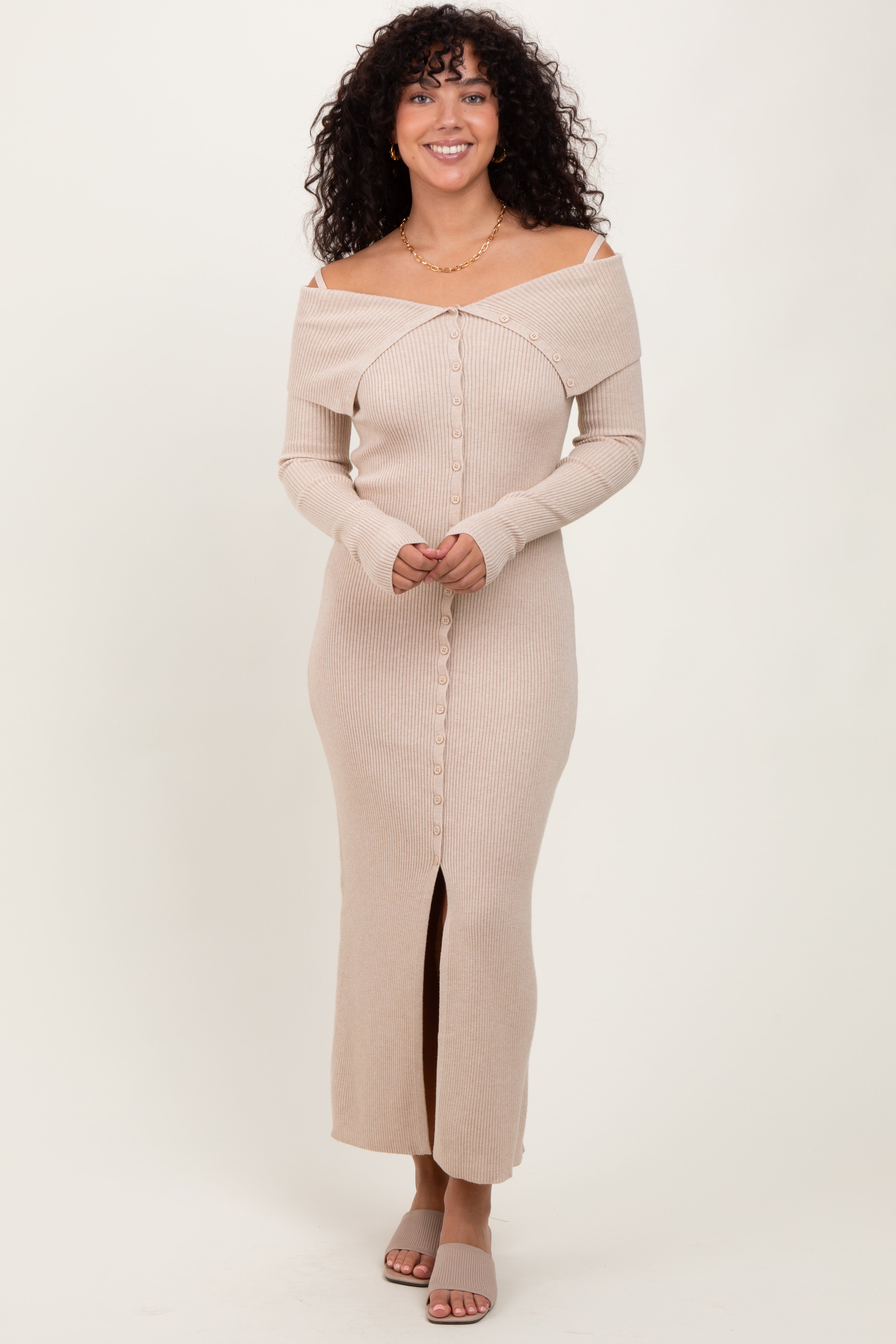 Beige Off Shoulder Long Cardigan Maternity Maxi Dress for Women - Comfortable Nursing & Pregnancy Wear - Perfect for Casual Outings, Baby Showers & Maternity Photos