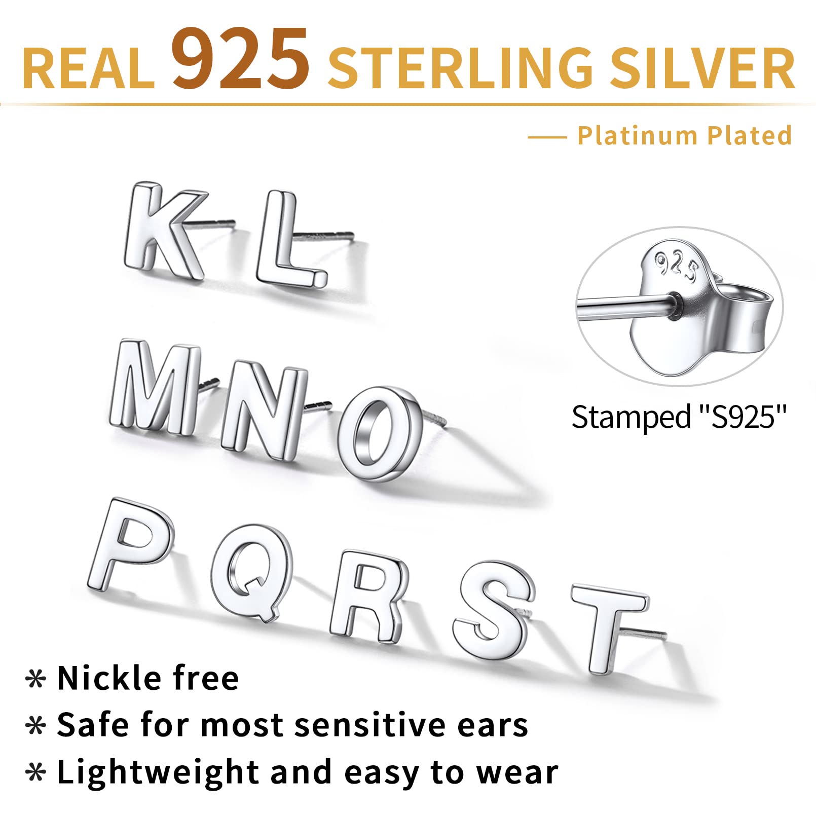 Hypoallergenic 925 Sterling Silver Initial Letter Stud Earrings for Women - Tiny A-Z Alphabet Studs for Sensitive Ears - Gift Box Included | Perfect for Everyday Wear, Gifts & Special Occasions