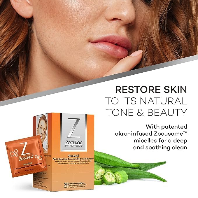 Zocuwipe Eyelid Cleansing Wipes with Okra Complex - Hypoallergenic Eyelid Cleanser & Moisturizer Pads (40 Count) + Zocular ZocuZap Facial Cleansing Wipes (30 Count) Bundle - Perfect for Sensitive Eyes, Makeup Removal & Daily Skincare Routine