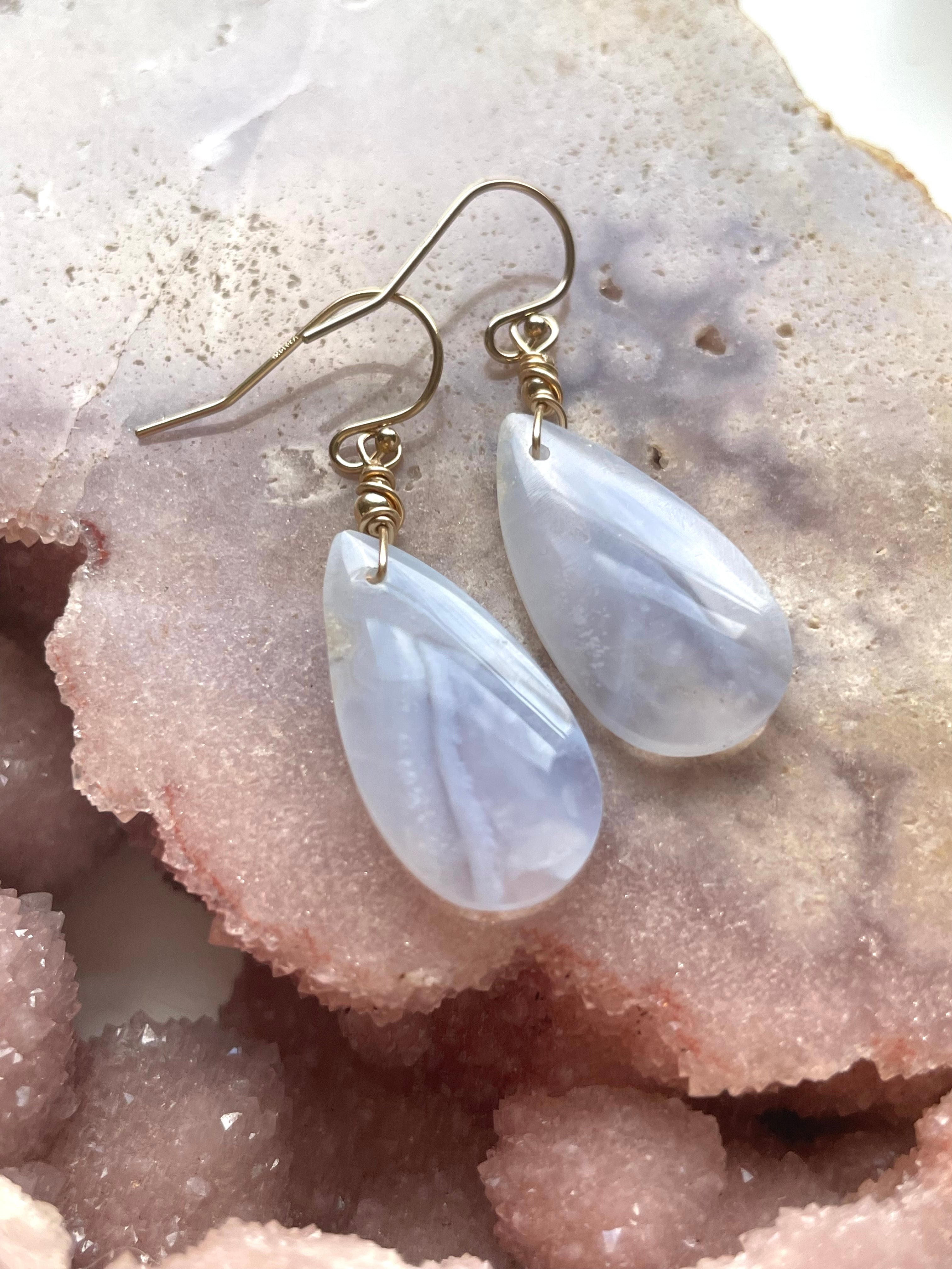 Blue Lace Agate Earrings 14K Gold Filled - Dainty Boho Jewelry for Women, Perfect for Weddings, Parties & Everyday Wear