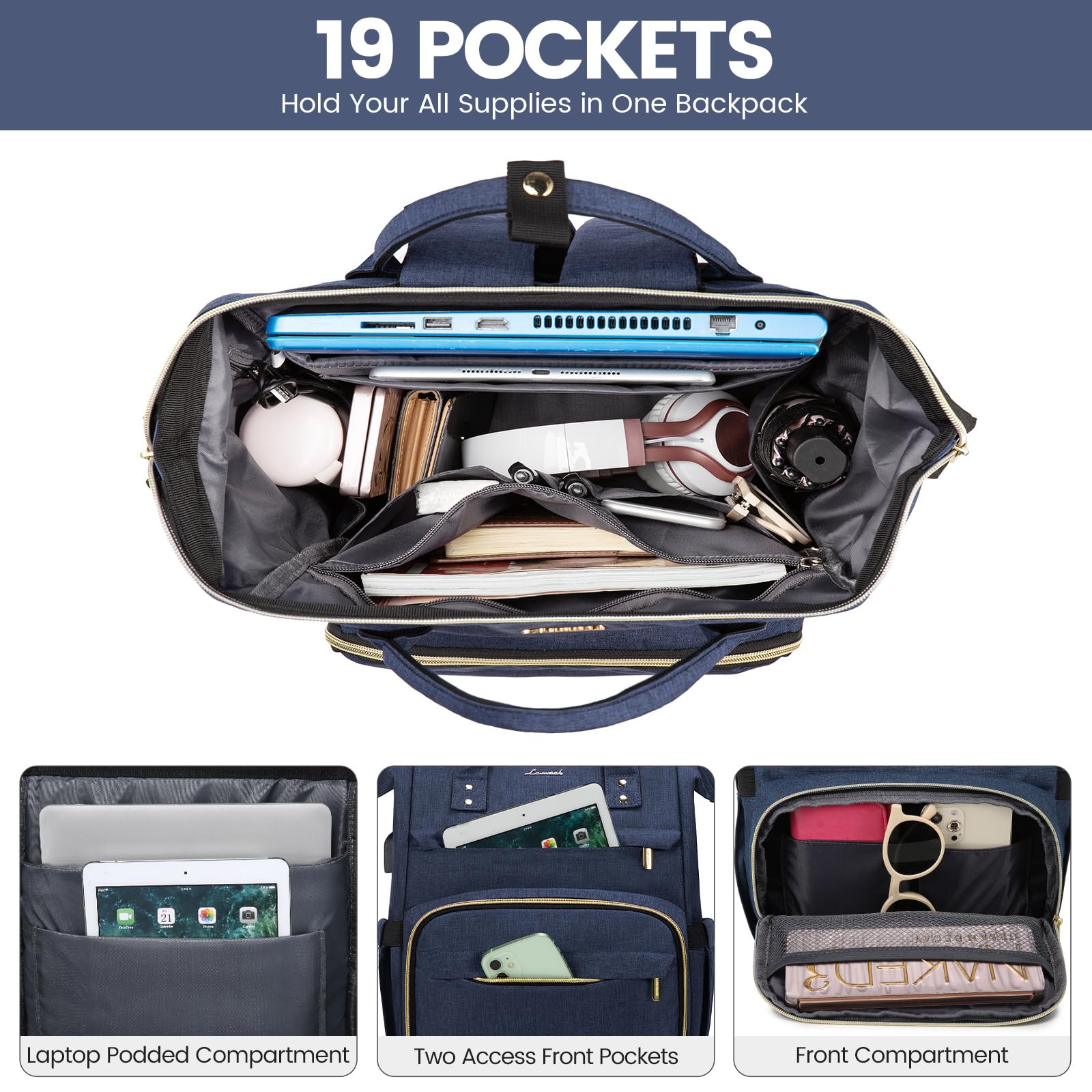 LOVEVOOK 17 Inch Laptop Backpack for Women - Waterproof USB Charging Travel Backpack, Professional Work Bag for Nurse, Teacher & College Students - Dark Blue | Perfect for Commuting, Business Trips & Campus Use