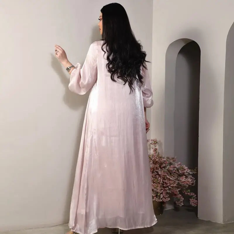 2 Piece Set Bright Satin Open Abaya Dress with Inner Sleeveless Dress - Muslim Prayer Dress, Eid Outfit, Ramadan Fashion, Modest Evening Wear for Women