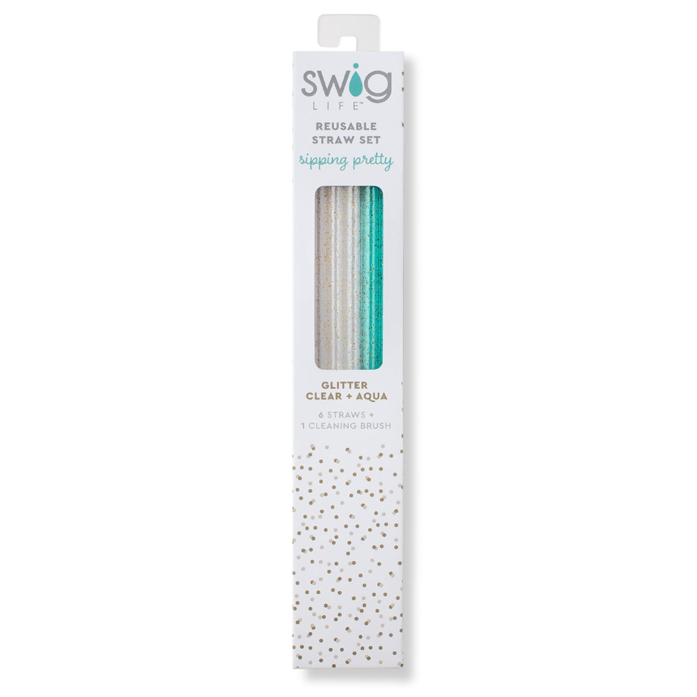 Eco-Friendly Glitter Clear & Aqua Reusable Straw Set - BPA Free, Dishwasher Safe Drinking Straws for Smoothies, Cocktails, and Iced Coffee at Home or Parties