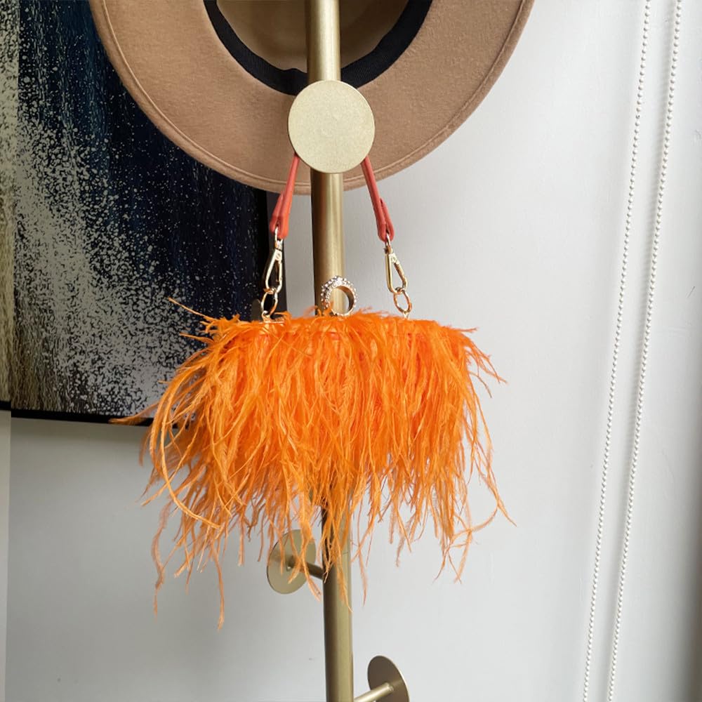 Luxury Women's Ostrich Feather Tote Bag - Fluffy Fringe Clutch Evening Handbag for Party, Prom, Wedding & Special Occasions - Elegant Orange Feather Purse for Women's Fashion Accessories