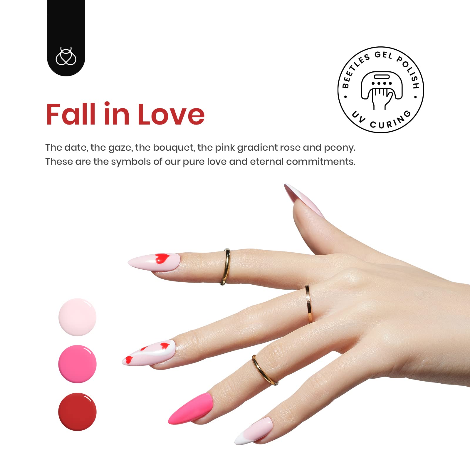 Beetles 6 Colors Pink Gel Nail Polish Set - Soak Off UV LED Nail Kit with Red, Nude, Pink, White & Glitter Shades | Fall in Love Collection | Perfect for Home Manicures, Nail Salon Use & Gift for Women & Girls