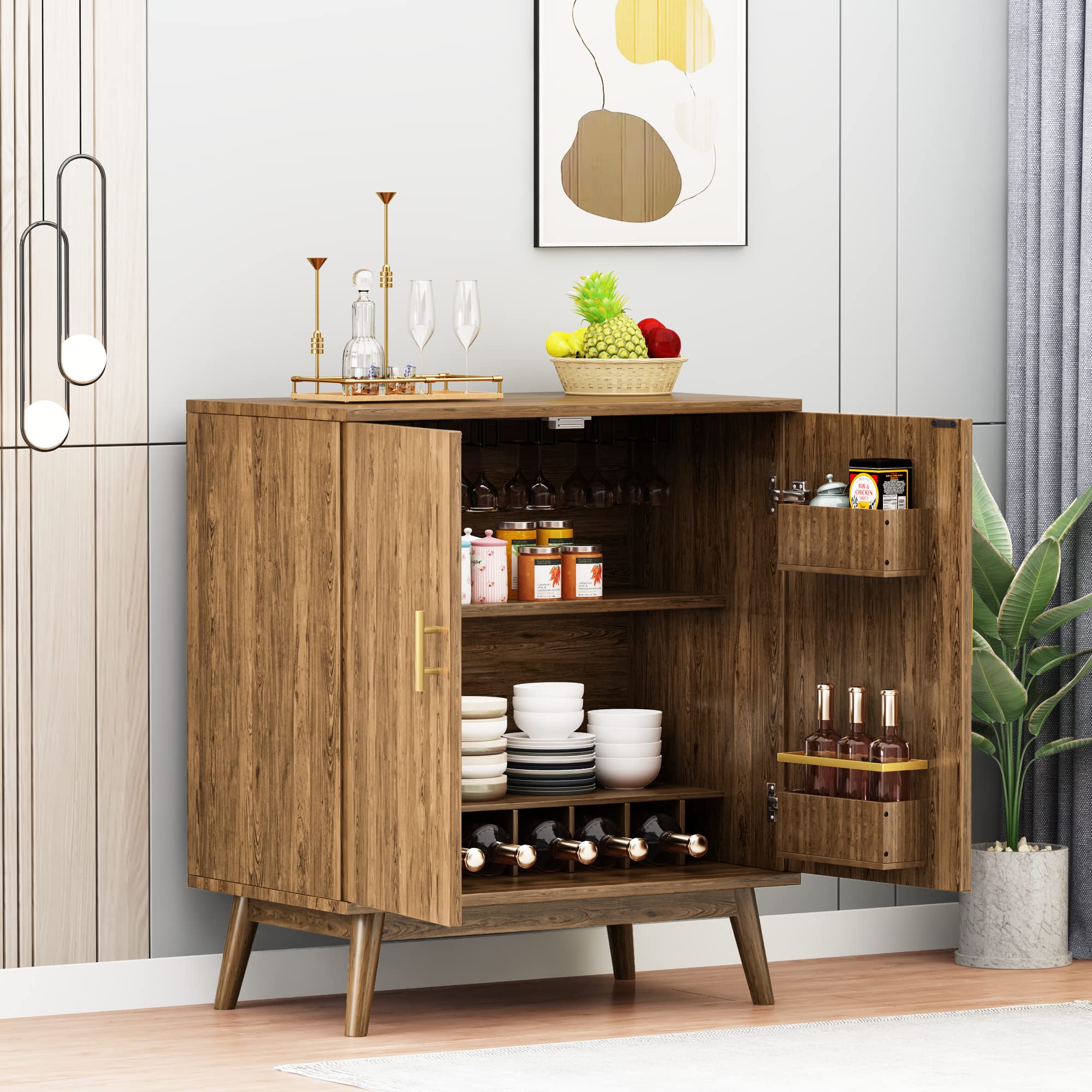 AWQM Sideboard Buffet Cabinet with Double Doors - Wine Bar Storage Cabinet with Wine Rack & Glass Holder - Modern Brown Sideboard for Dining Room, Living Room, Kitchen - Perfect for Home Bar, Wine Storage & Display