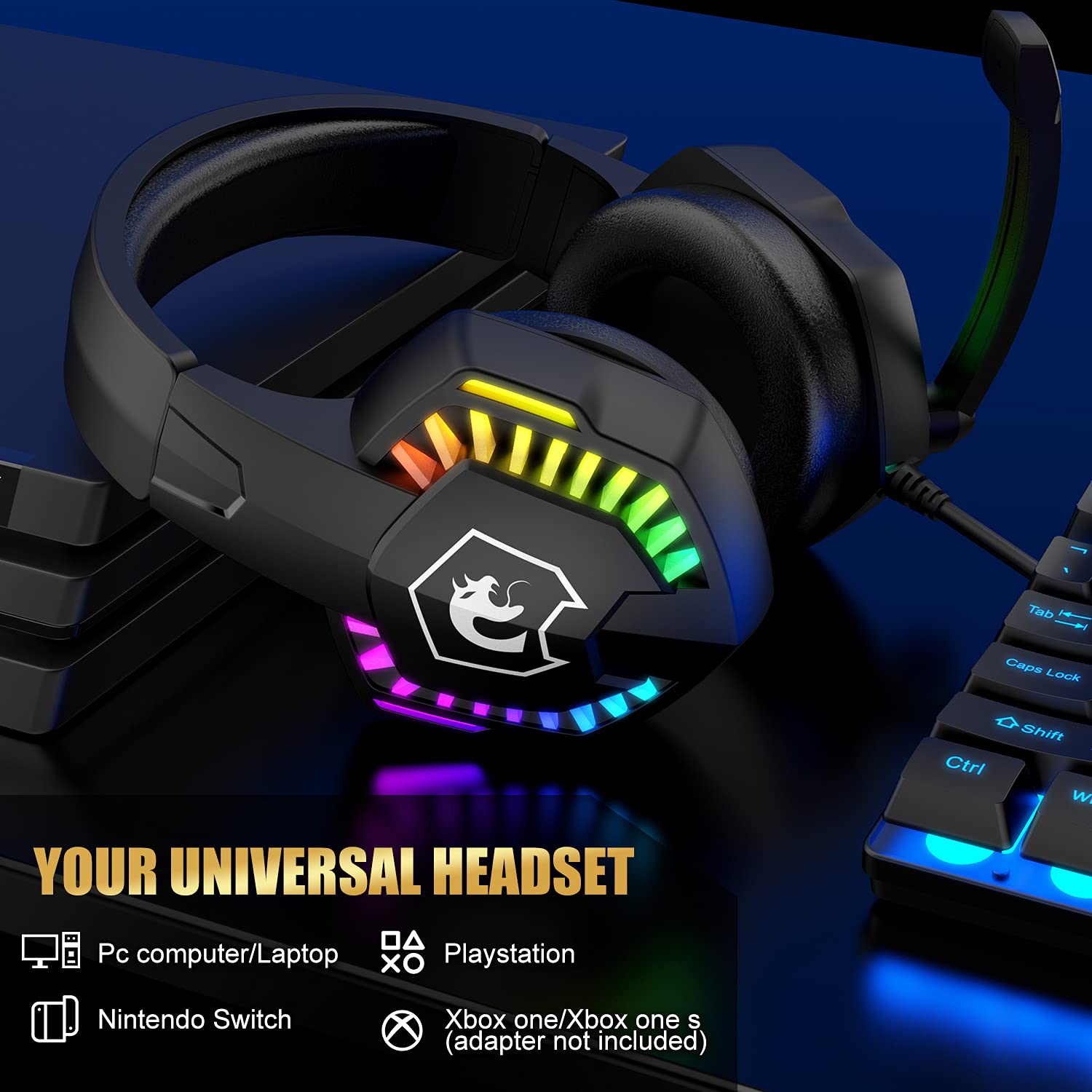 MANBASNAKE Pro Gaming Headset with Noise Cancelling Mic - Wired Over-Ear Headphones for PS5, PS4, Xbox One, PC, Mac & Laptop - RGB Lighting, Deep Bass, Memory Foam Earmuffs (Black) - Perfect for FPS, Battle Royale & Streaming Games