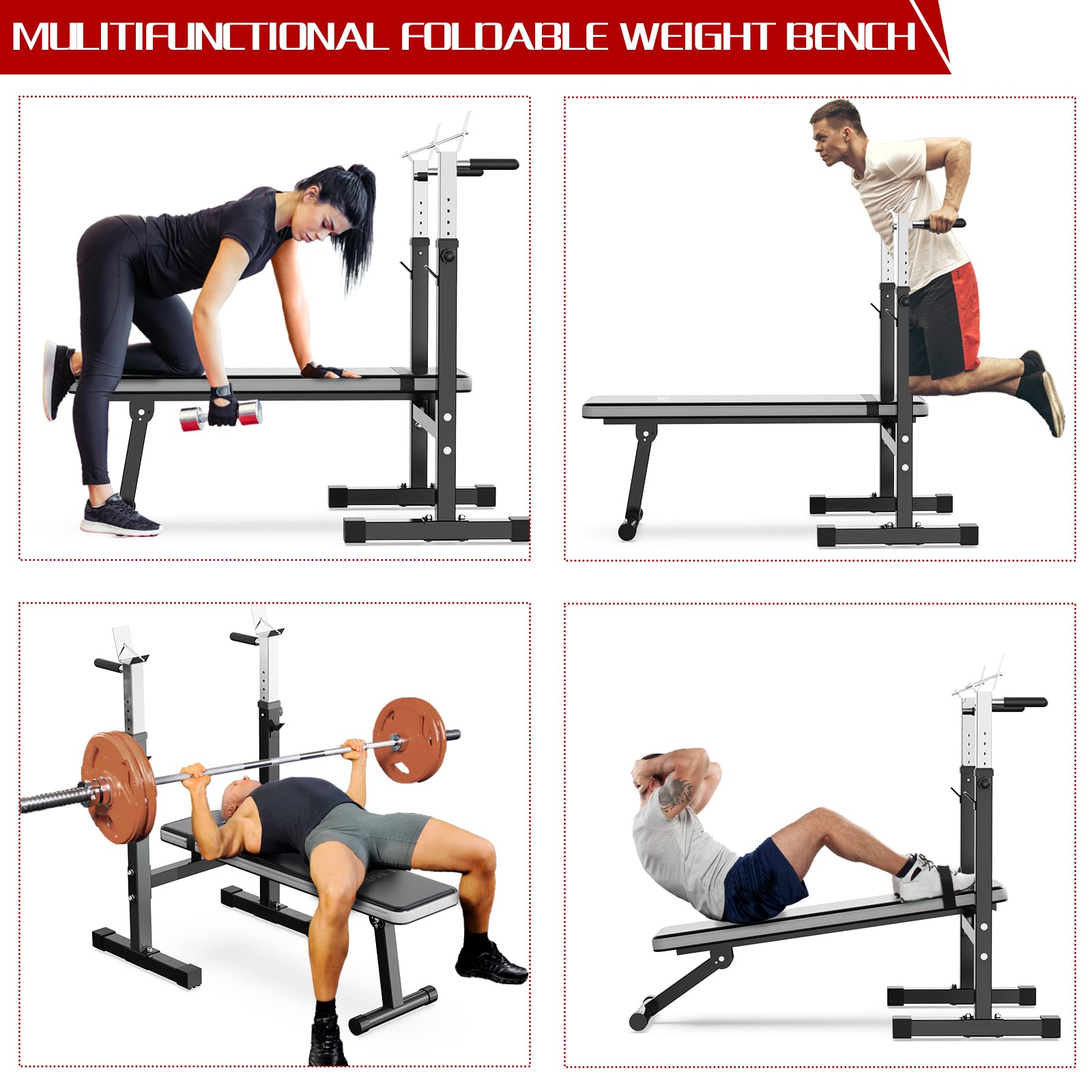 Adjustable Weight Bench Press with Squat Rack - Foldable Multi-Function Home Gym Equipment for Full Body Workout, Strength Training & Dip Station (Grey) - Perfect for Home Gym, Garage Workouts & Small Spaces
