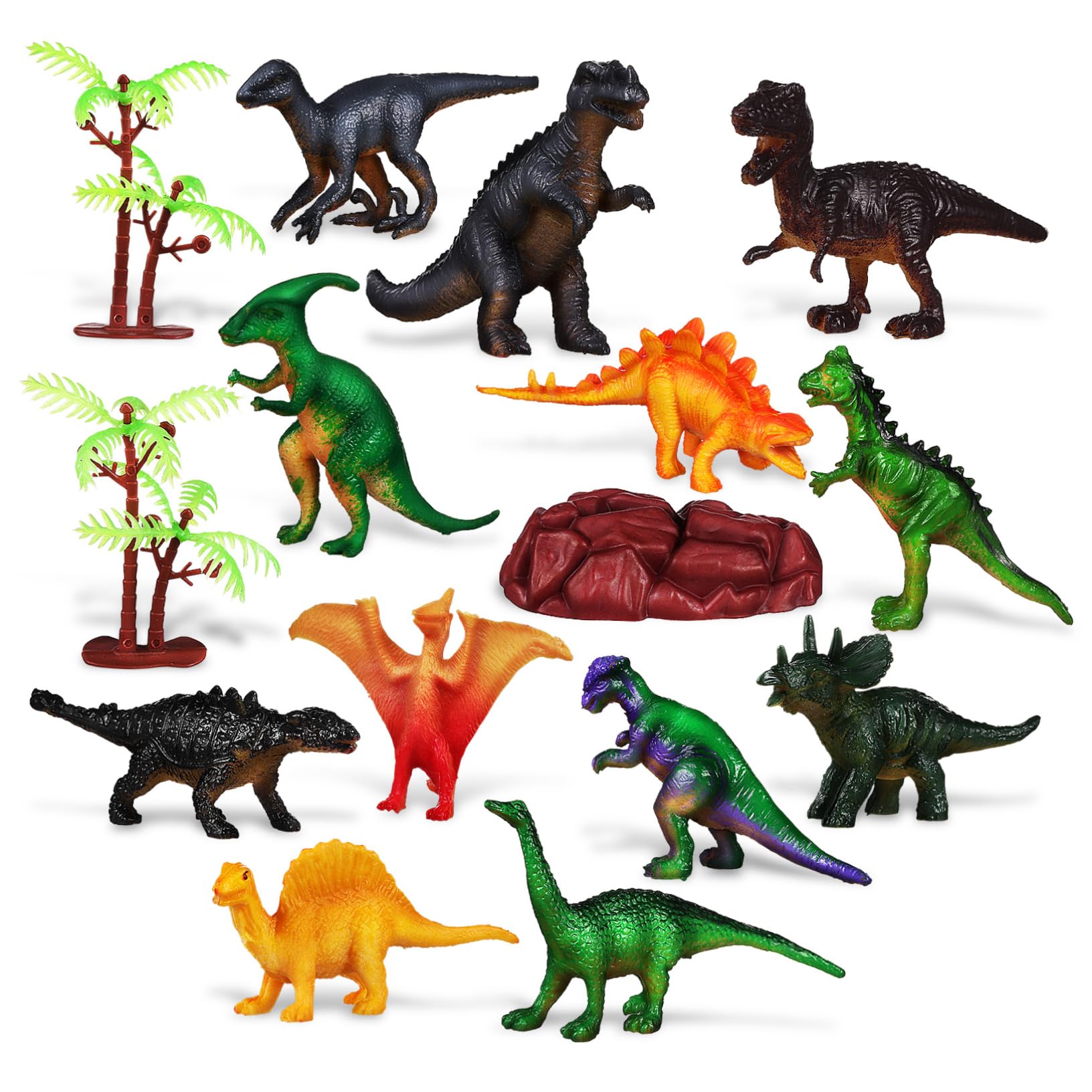 FAVOMOTO Mini Dinosaur Figures Set - 12 Piece Dinosaur Toy Kit with Plastic Palm Trees, PVC Dinosaur Toys for Toddlers, Boys & Girls, Perfect for Birthday Gifts, Party Favors, and Educational Play