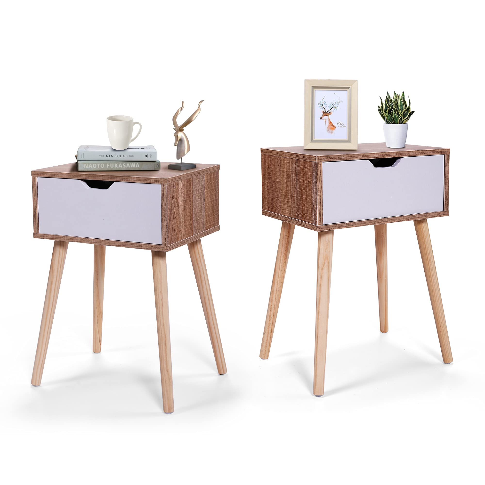 2-Piece Nightstand Set with Storage Drawer & Solid Wood Legs - White & Walnut End Tables for Bedroom, Living Room | Space-Saving Bedside Tables with Modern Design for Small Apartments & Home Decor