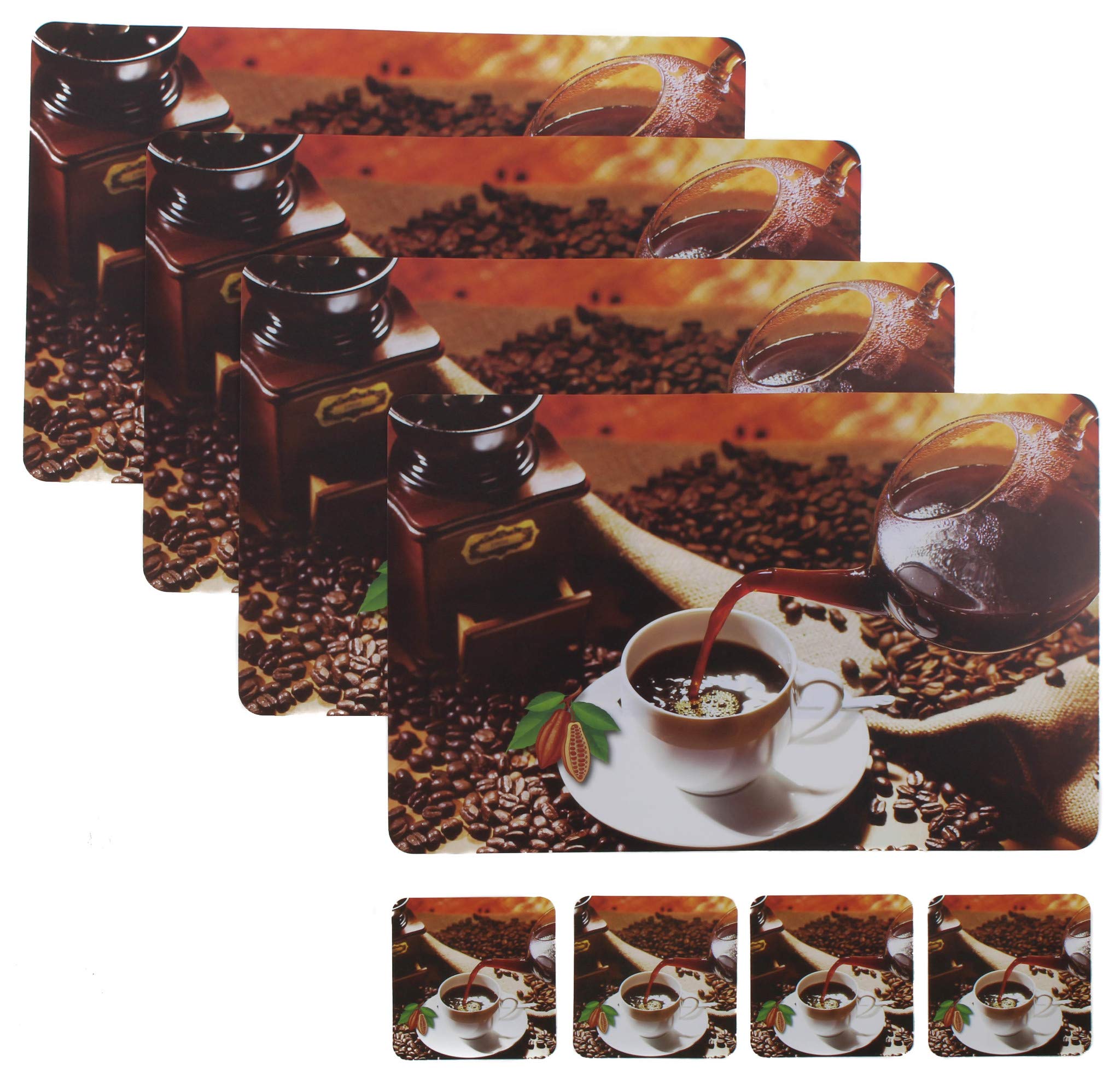 Vibrant Printed Table Placemats Set of 4 - 17x11 Inch Rectangular Placemats with Matching Coasters - Waterproof & Heat Resistant for Dining Table, Kitchen, Coffee Shop, and Party Decor