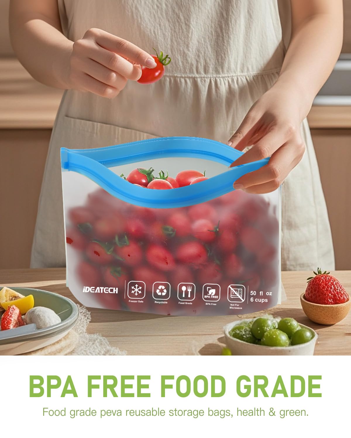 IDEATECH 8-Pack Reusable Gallon Freezer Bags - Dishwasher Safe, Leakproof, BPA-Free Silicone Food Storage Bags for Meats, Sandwich & Travel | Perfect for Meal Prep, Freezing, Picnics & Camping (8 Gallon, Colored)