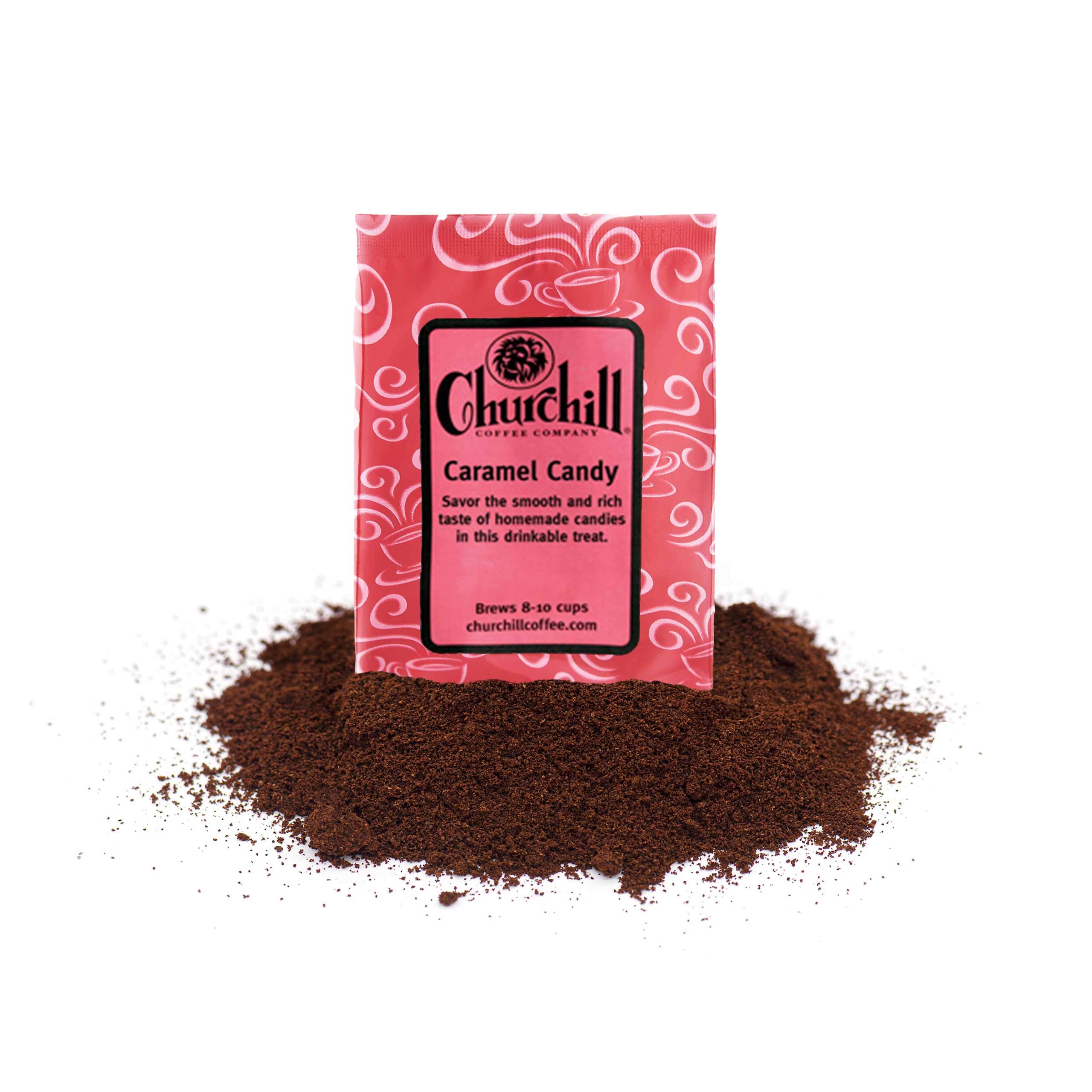 Churchill Coffee Caramel Candy Flavored Ground Coffee - 10 Single-Serve Portioned Packs (1.5 oz Each) - Perfect for Office, Home Brewing & Gifts