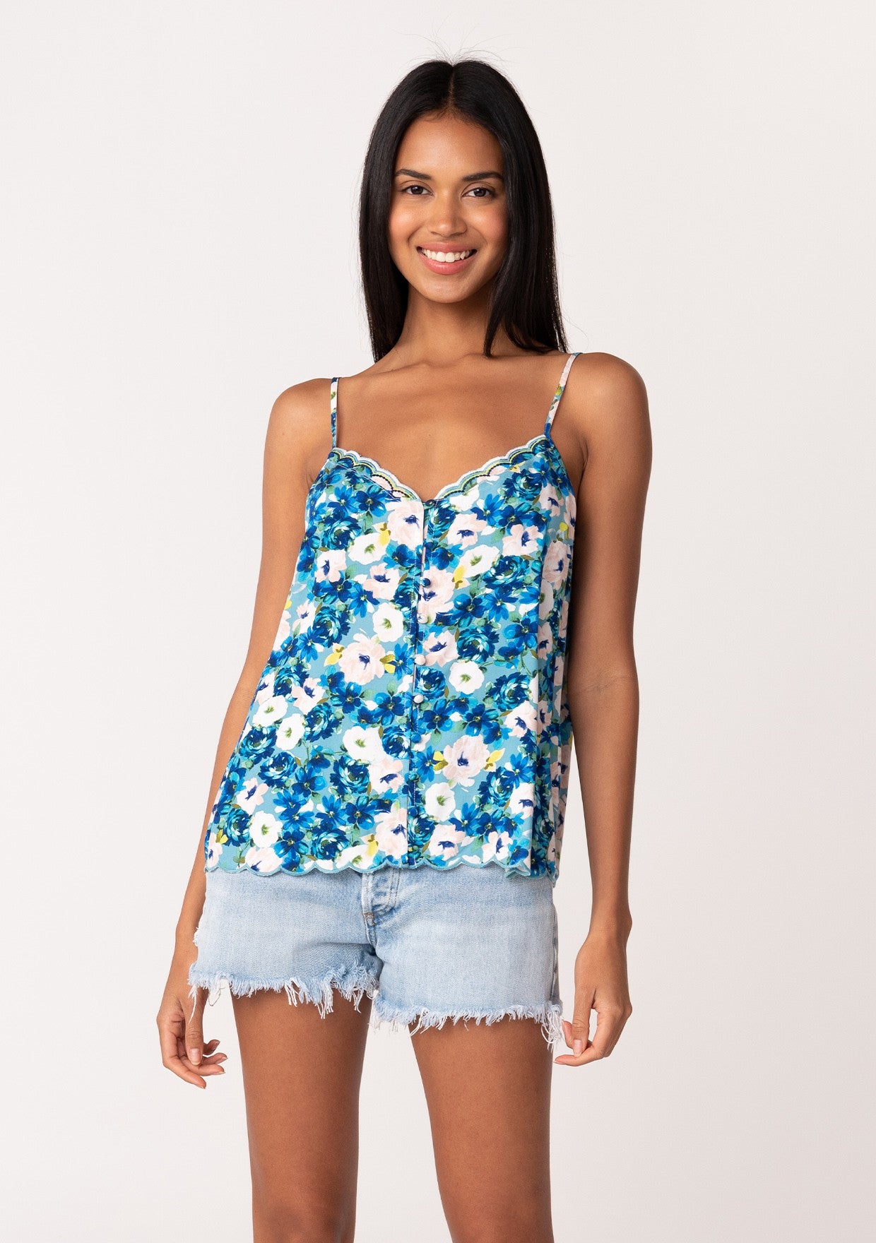Floral Print Cami Top with Scallop Trim - Women's Summer Blouse for Casual Wear, Date Night & Vacation Outfits