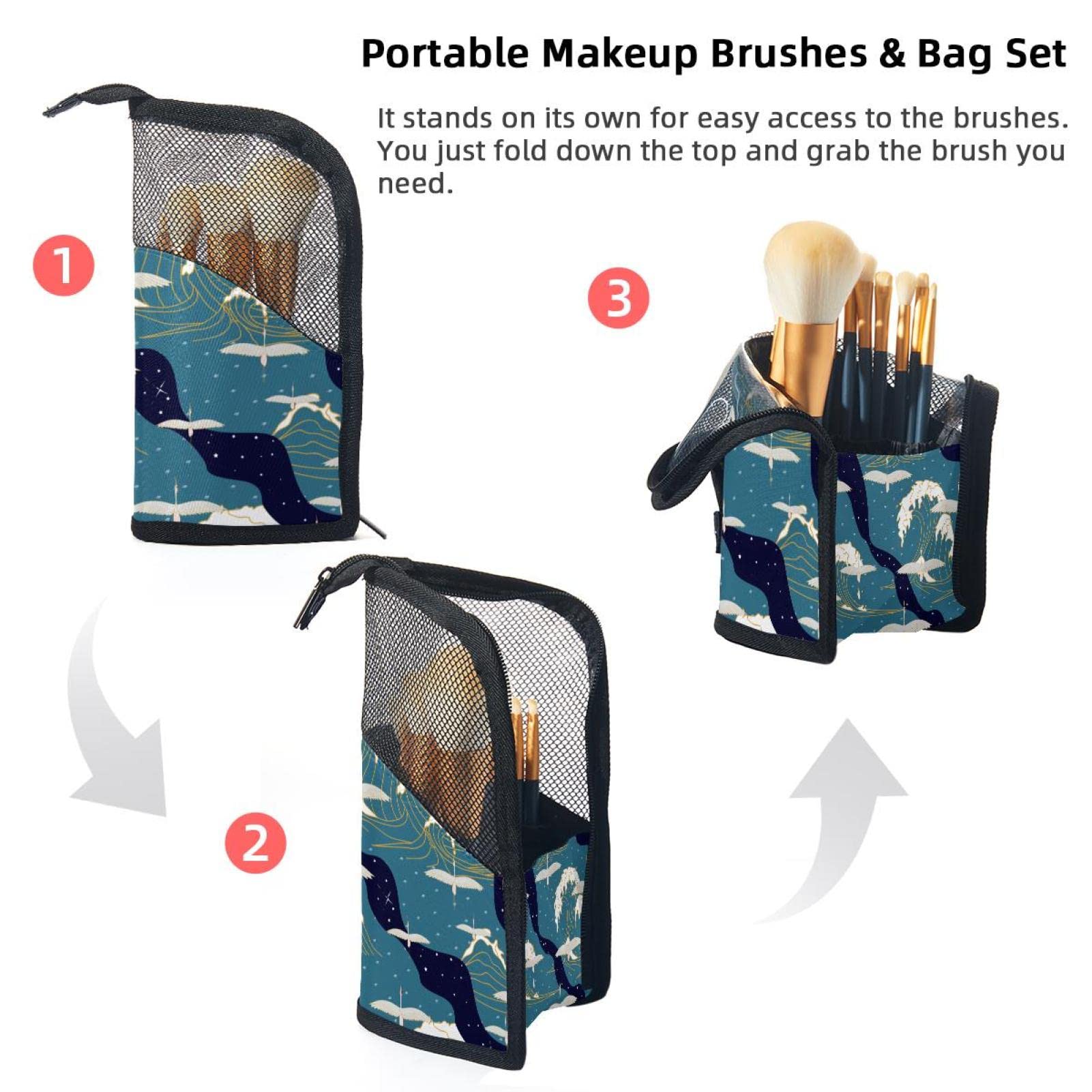 Premium 12-Slot Makeup Brush Organizer Bag - Elegant Bird & Crane Sea Wave Design, Portable Travel Cosmetic Brush Holder Case for Professional Artists & Home Use