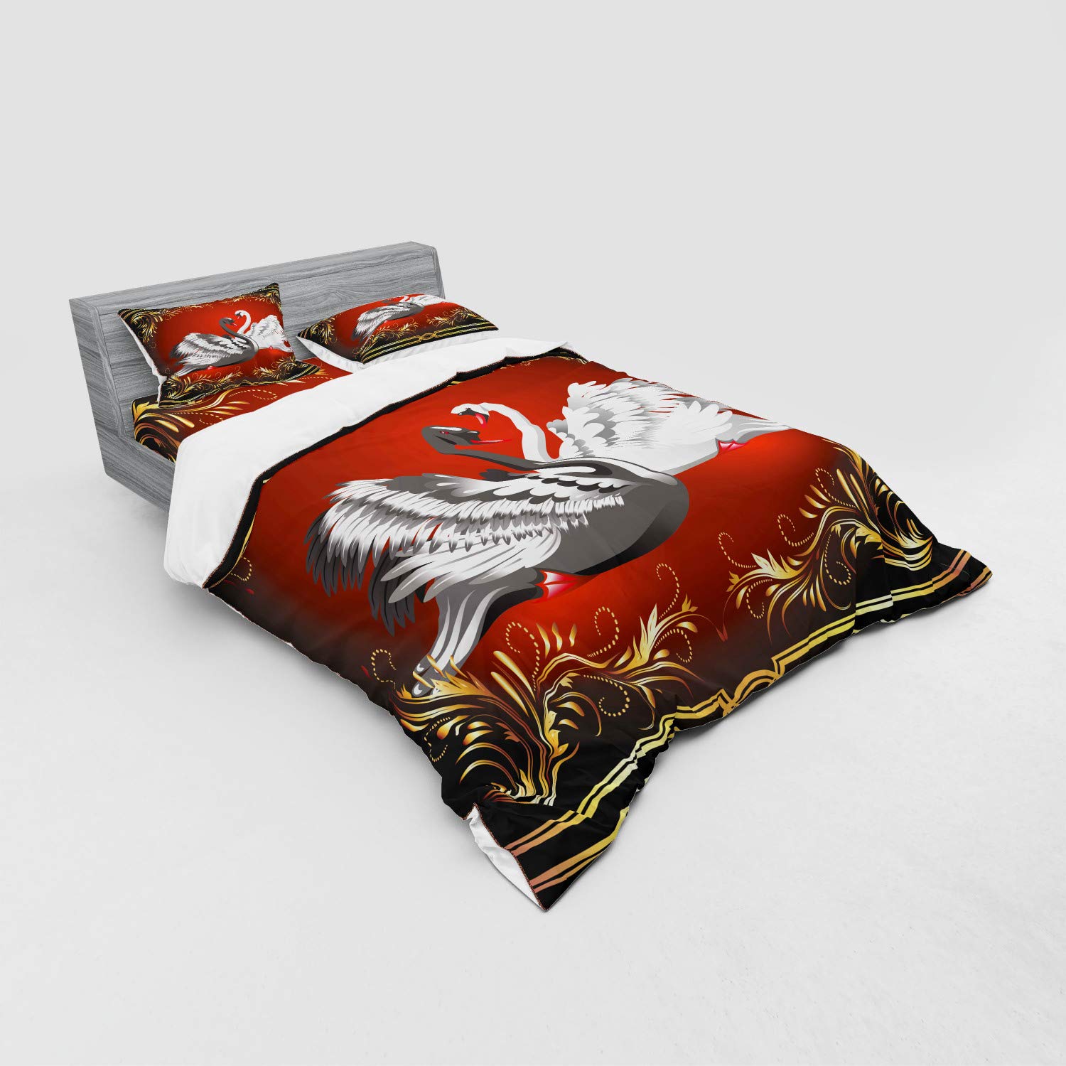 Ambesonne 4-Piece Queen Size Duvet Cover Set - Black & White Swan Couple Design, Romantic Animal Print Bedding with Shams & Fitted Sheet | Perfect for Master Bedroom, Guest Room & Romantic Getaways