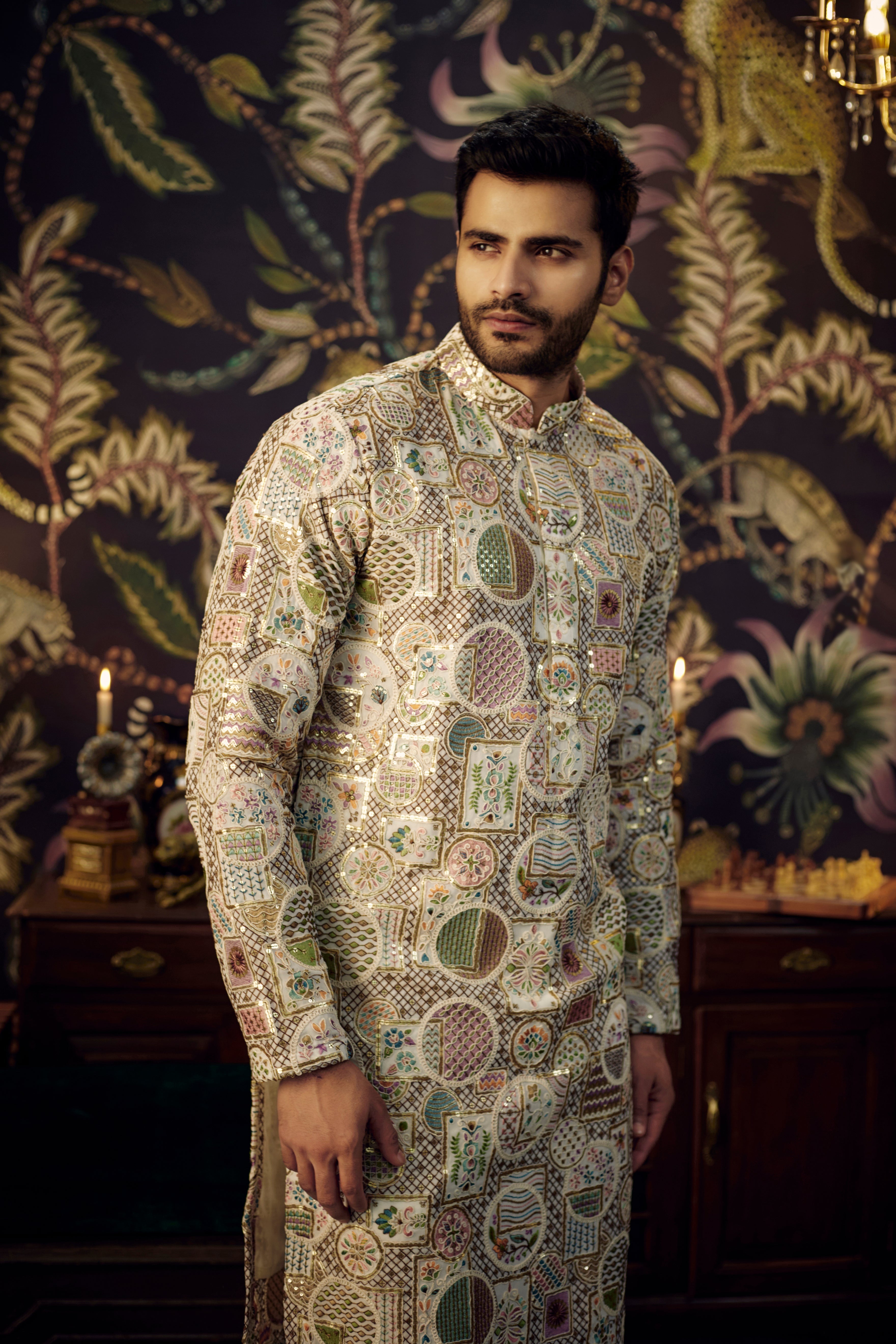 Stylish Off-White Floral Embroidered Kurta with Intricate Multi-Threadwork - Perfect for Festivals, Weddings & Ethnic Fashion