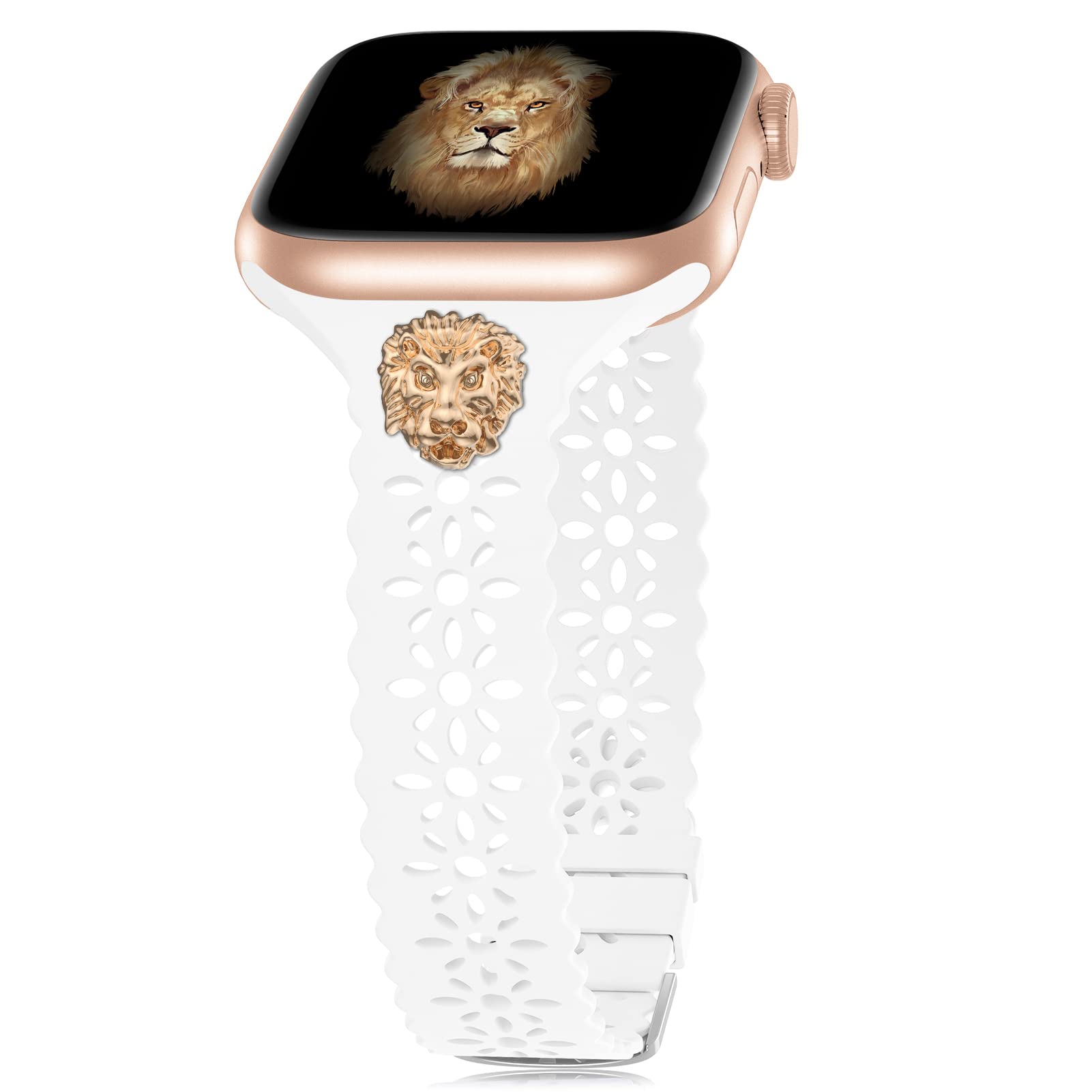 Elegant Lace Silicone Apple Watch Band with Charms - Compatible with 38mm 40mm 41mm 42mm 44mm 45mm - Slim Decorative Sport Band for Women - Soft Hollow-Out Design for iWatch Series 7/6/SE/5/4/3/2/1 - Perfect for Workouts, Office Wear & Fashion Accessories