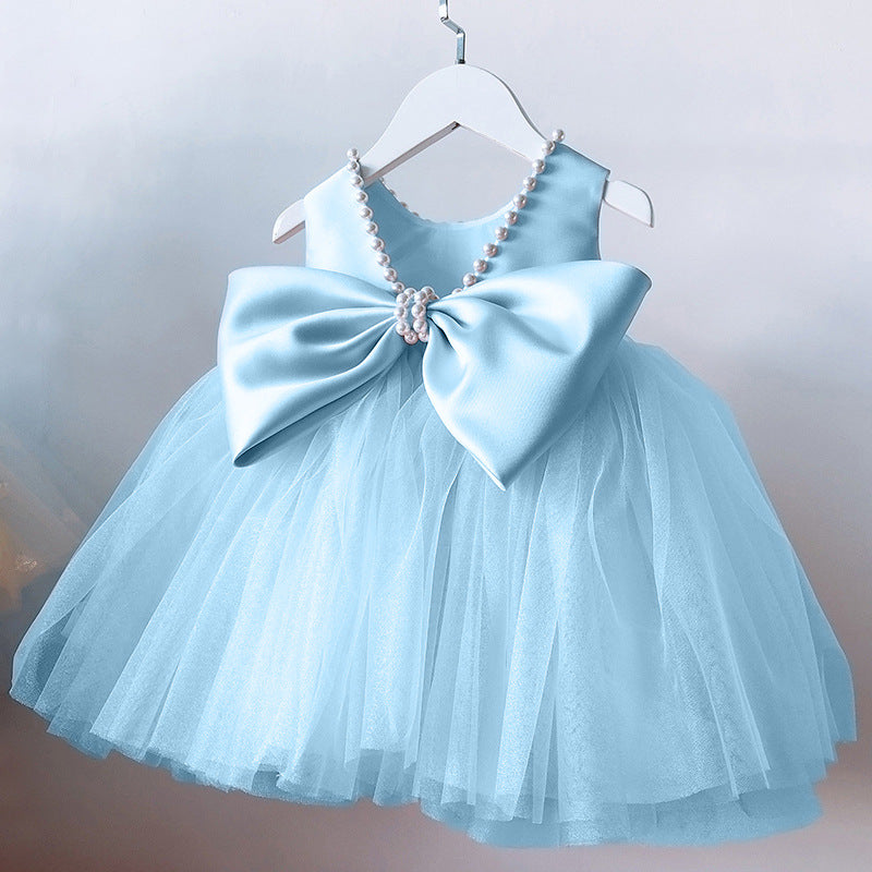 Elegant Princess Tea Length Satin & Tulle Flower Girl Dress with Beaded Details - Perfect for Weddings, Birthday Parties & Special Occasions
