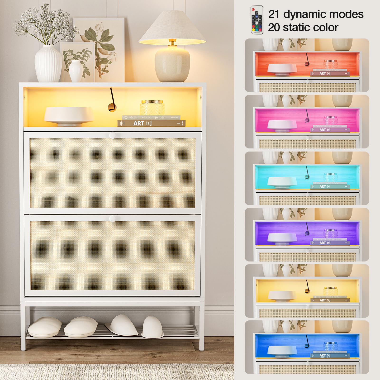 IKIFLY White Rattan Shoe Cabinet with LED Light - 2 Flip Drawers & Open Shelves Narrow Shoe Storage Organizer with Metal Legs for Entryway, Living Room, Apartment - Perfect for Small Spaces & Home Decor