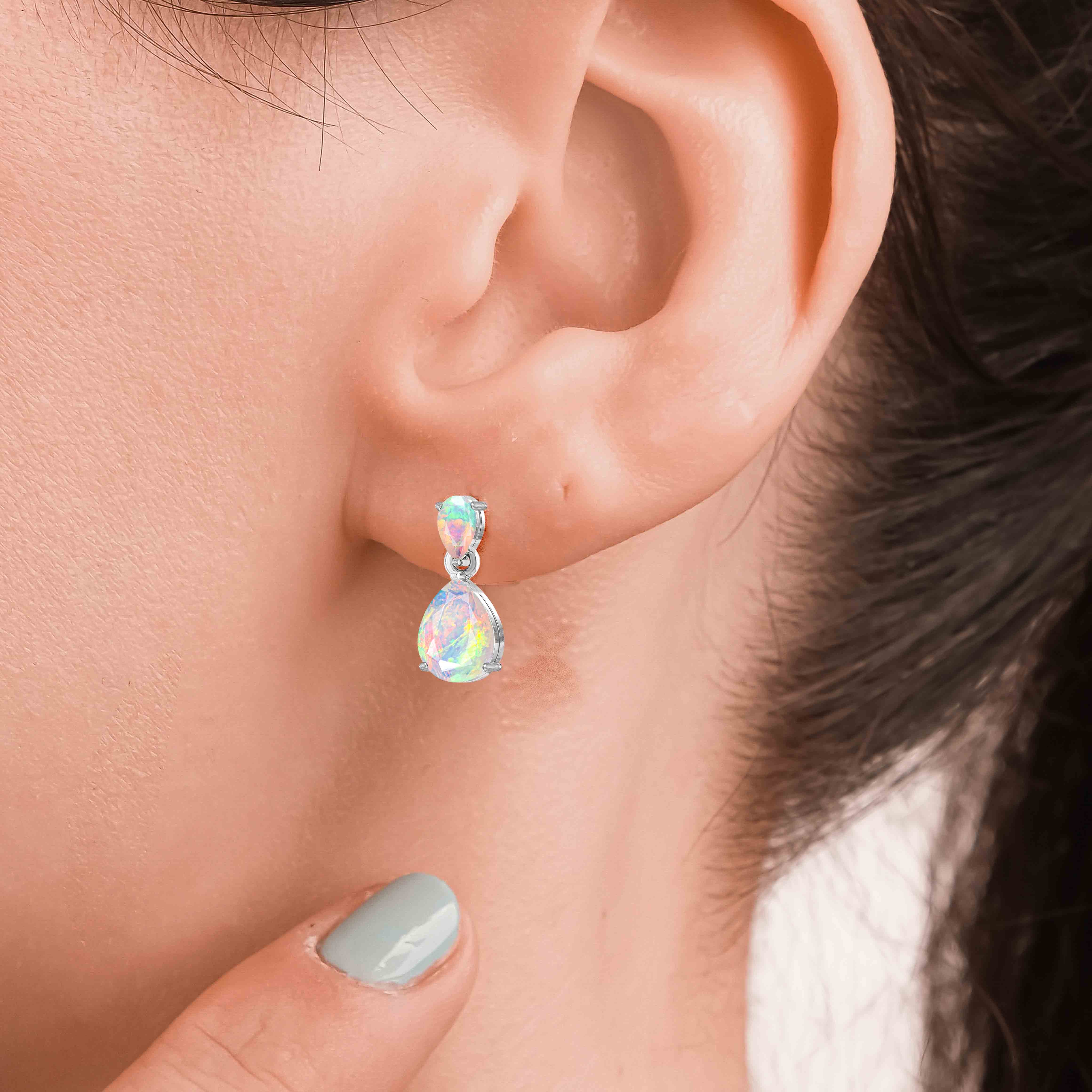 White Dual Opal Pear Drop Stud Earrings - Elegant Dangle Earrings for Women, Perfect for Weddings, Parties & Everyday Wear