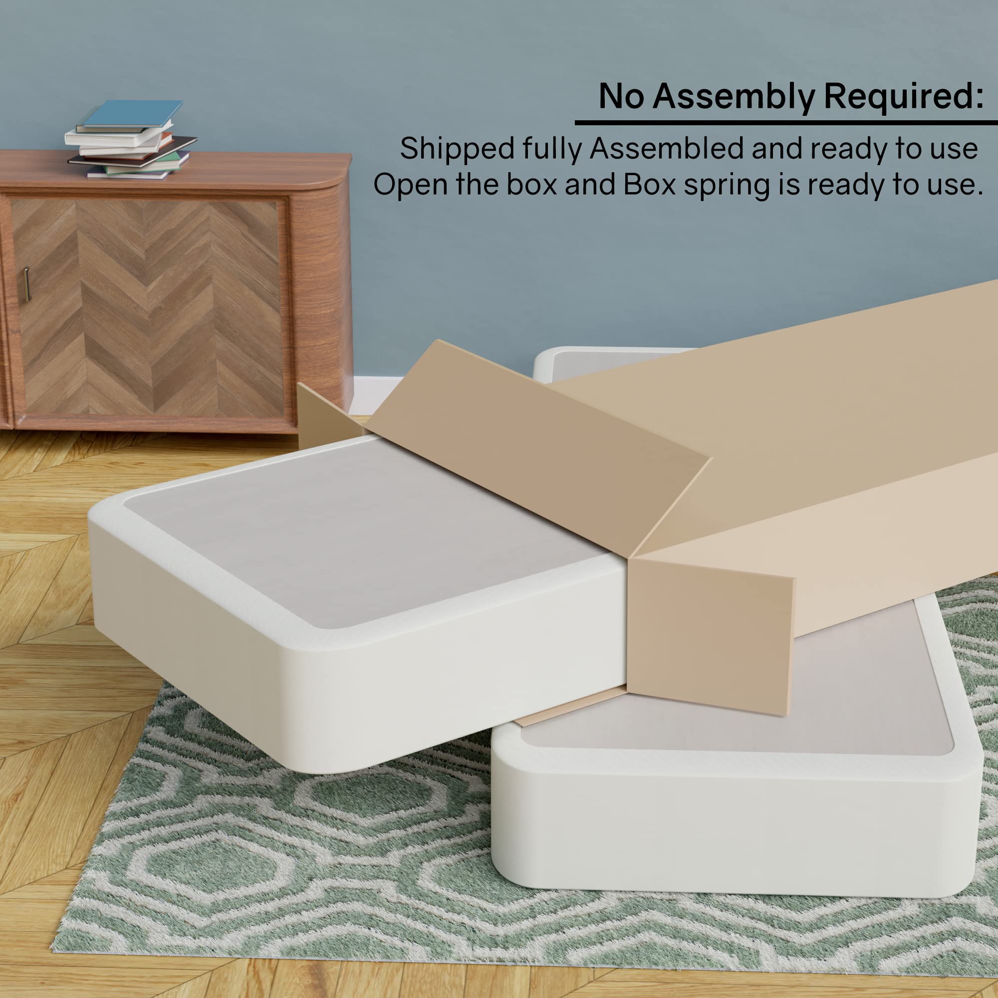 4-Inch Sturdy Box Spring for Queen Mattress - Durable & Fully Assembled Natural Wood Foundation in White | Perfect for Bedroom, Guest Room & Dormitory Support
