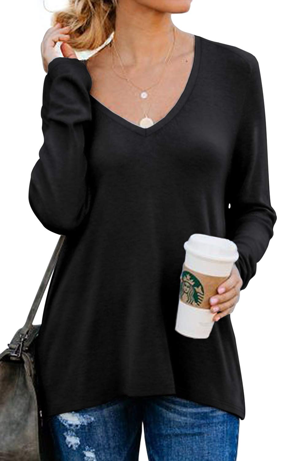 PrinStory Women's V-Neck Split Blouse with Side Zipper - Casual Long Sleeve Tops for Daily Wear