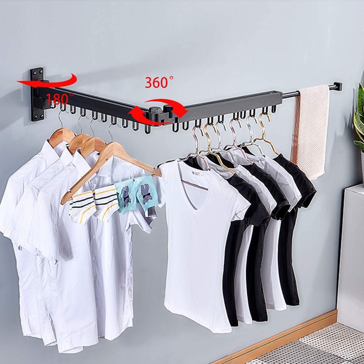Wall Mounted Space-Saving Retractable Clothes Drying Rack - Foldable Laundry Organizer for Balcony, Mudroom, Bedroom & Pool Area - Easy Install Black Clothesline (Perfect for Small Spaces & Quick-Dry Laundry)