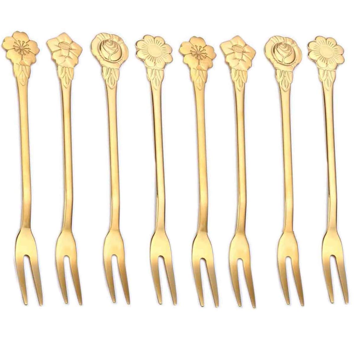 8-Piece 4.9 Inch Gold Stainless Steel Floral Fruit Forks - Small Pickle Forks, Dessert Cake Forks, Salad Bistro & Cocktail Forks - 2-Prong Appetizer Forks for Banquet, Party, Seafood & Cocktail (Perfect for Wedding Receptions, Tea Parties & Charcuterie Boards)