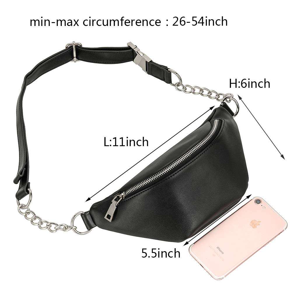 Stylish Leather Fanny Pack for Women - Adjustable Waist Bag, Crossbody Purse with Metallic Chain - Perfect for Travel, Running & Daily Use - Black