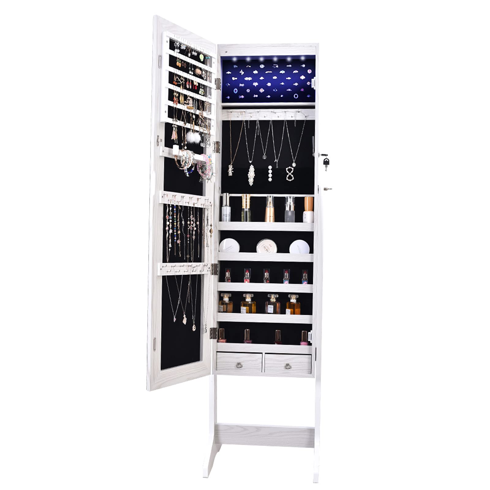 Tesmula GT2-LC Full Mirror Makeup Vanity with LED Lights - Solid Wood Pattern White Jewelry Storage Cabinet with 2 Drawers & 5 Shelves - Perfect for Bedroom, Bathroom & Dressing Room Organization