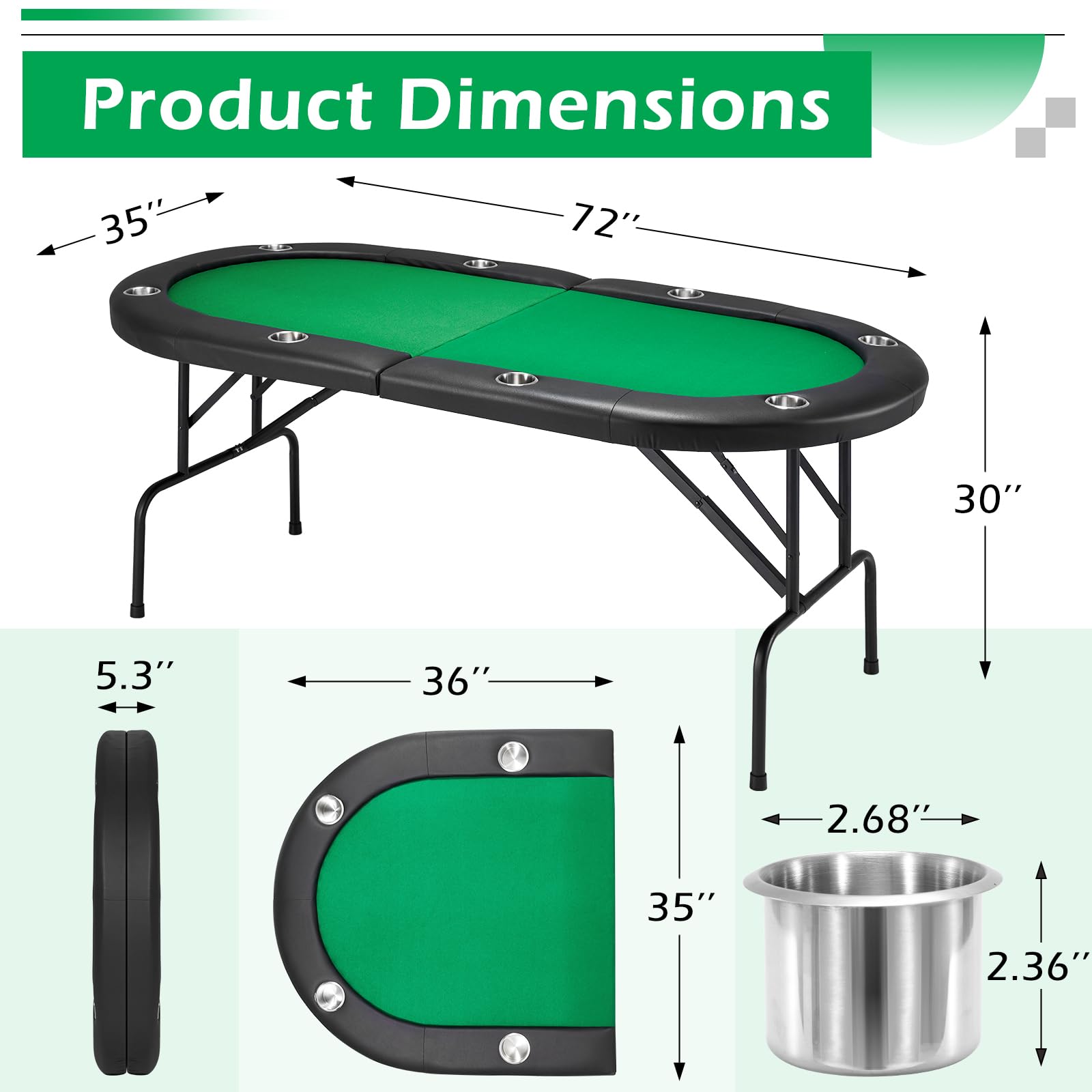 ECOTOUGE Foldable Poker Table for 8 Players - Portable Blackjack & Casino Game Table with Stainless Steel Cup Holders & Storage Bag | No Assembly Required | Perfect for Texas Hold'em, Home Game Nights & Casino-Themed Parties (Green)
