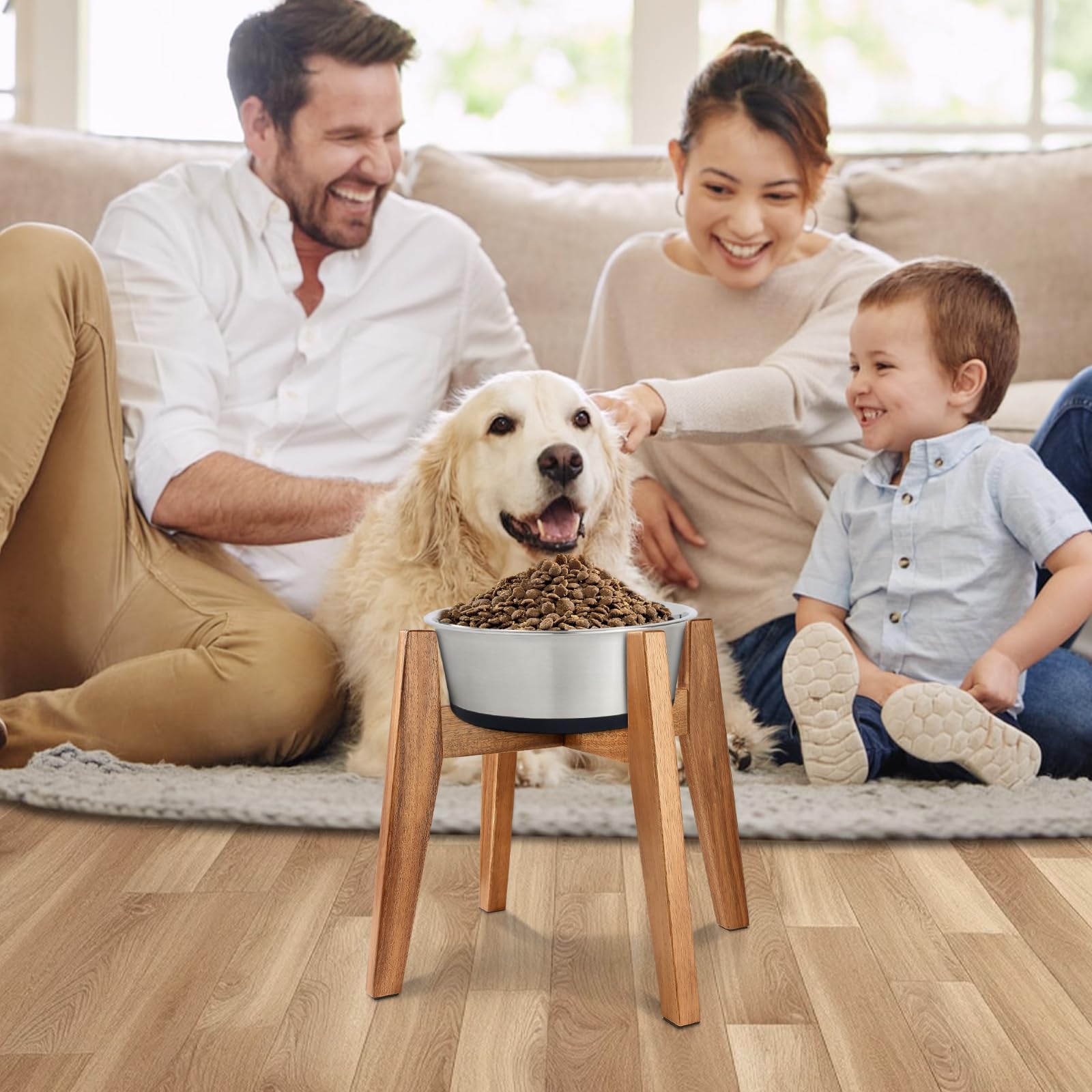 Elevated Dog Bowl Stand for Medium Dogs - Wooden Slow Feeder with Adjustable Height (Fits 9