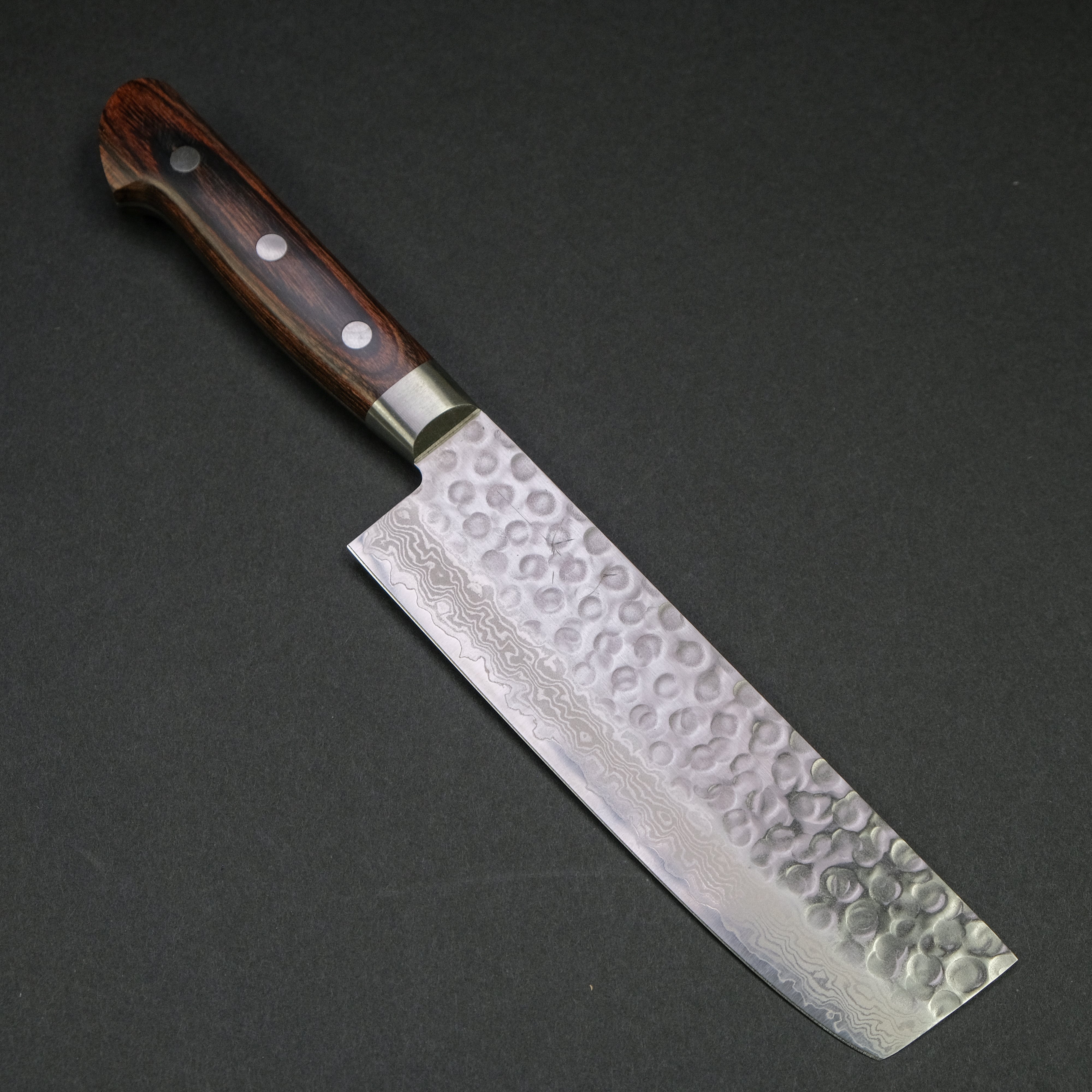 Hitohira HG Tsuchime Damascus Nakiri Knife 160mm - Handcrafted Japanese Kitchen Knife with Imitation Mahogany Handle - Perfect for Slicing Vegetables, Herbs & Sushi Preparation
