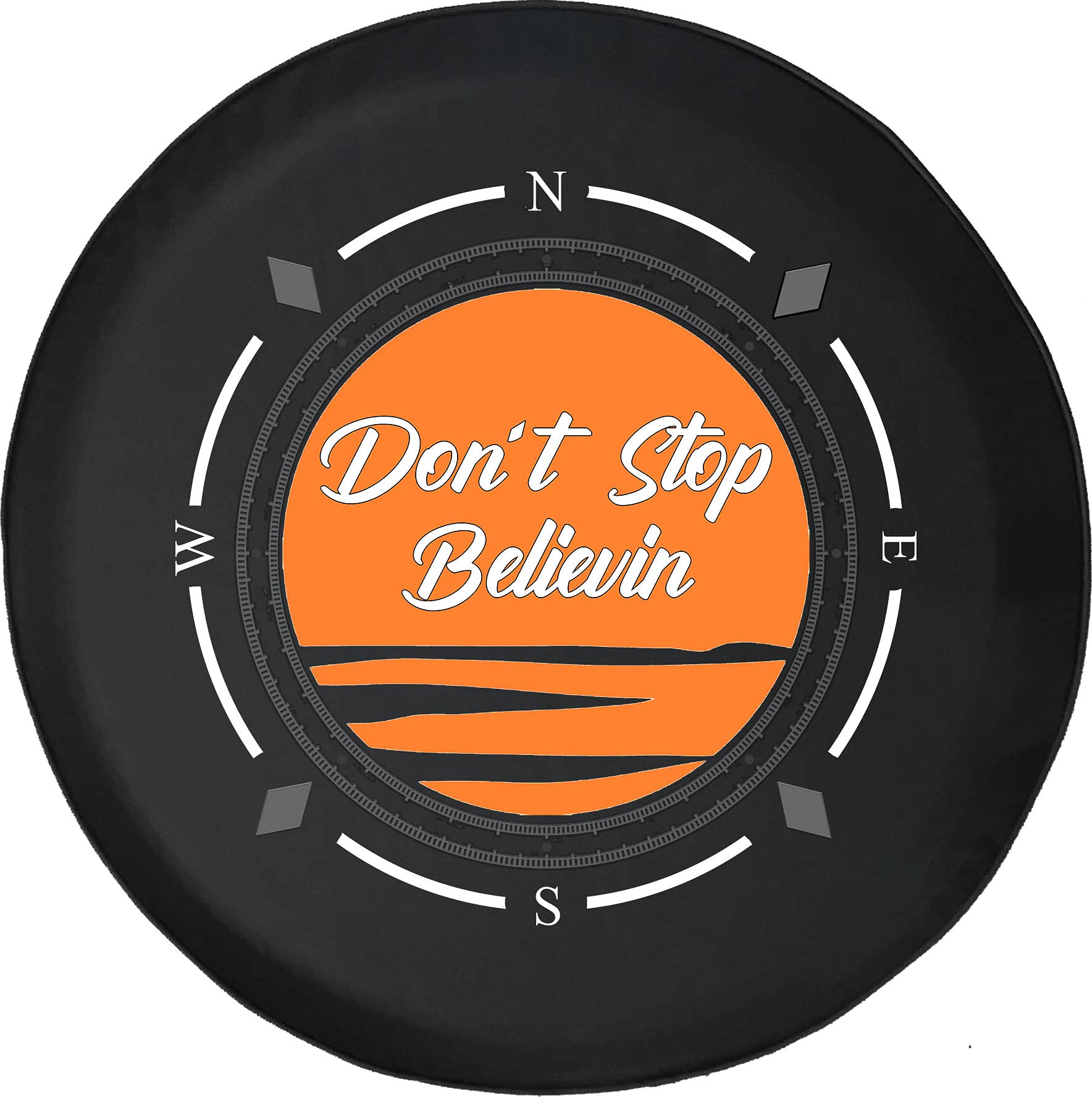 Premium American Unlimited Spare Tire Cover with Compass Design - 'Don't Stop Believing' Sun Wheel Cover for SUV, Trailer, RV & Multiple Vehicles | Durable Outdoor Protection for Road Trips & Camping Adventures