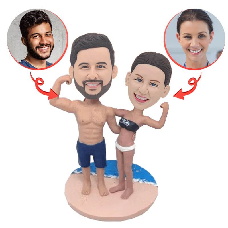 Personalized Beach Workout Couple Bobbleheads - Customized Fitness Gift for Couples - Perfect for Anniversary, Valentine's Day & Workout Motivation