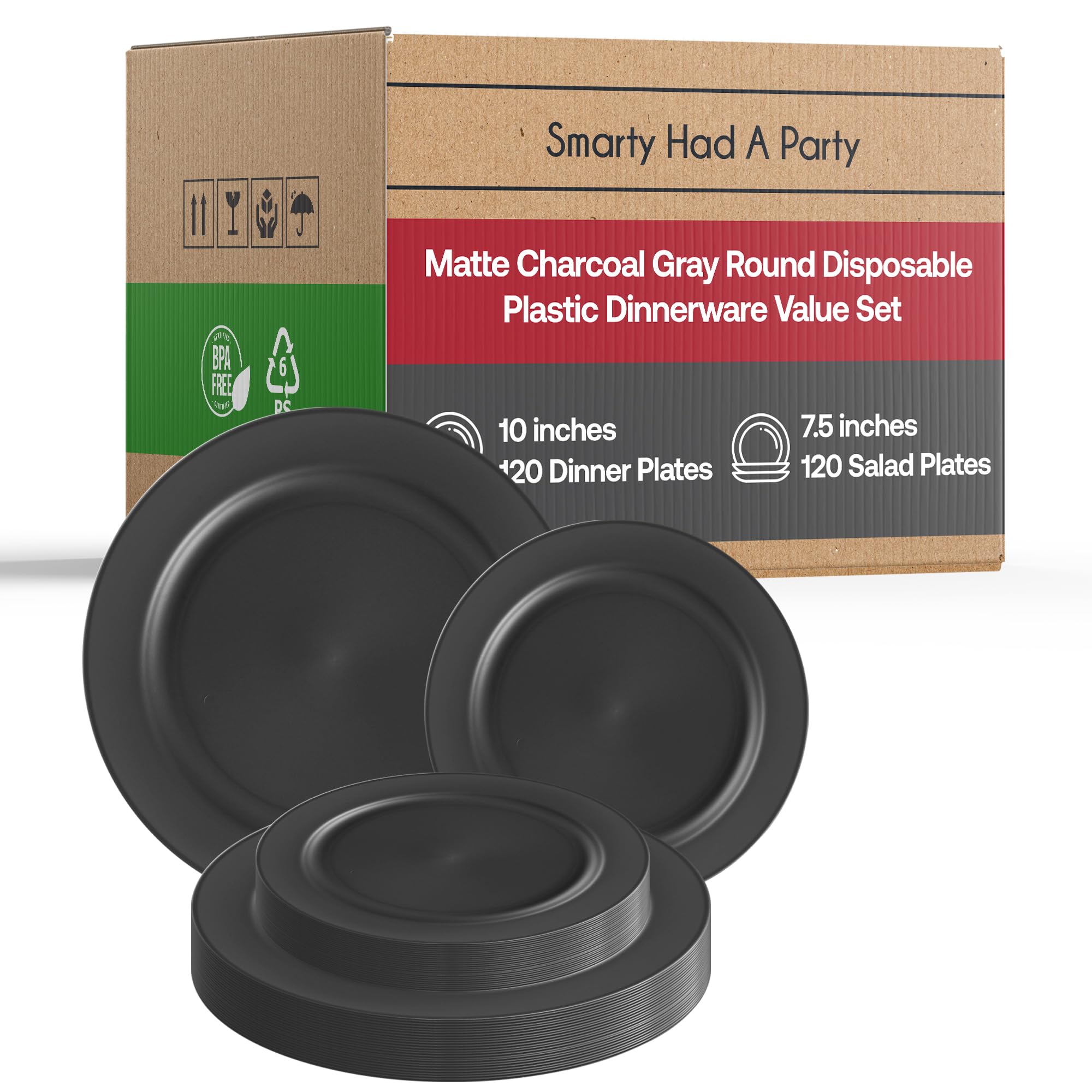 Premium Disposable Plastic Plates Set - 240pcs Matte Round Dinnerware (120 Dinner Plates + 120 Salad Plates) Charcoal Gray for Wedding, Party, Catering & Events - Elegant & Durable Disposable Tableware for Home, Restaurant & Outdoor Use