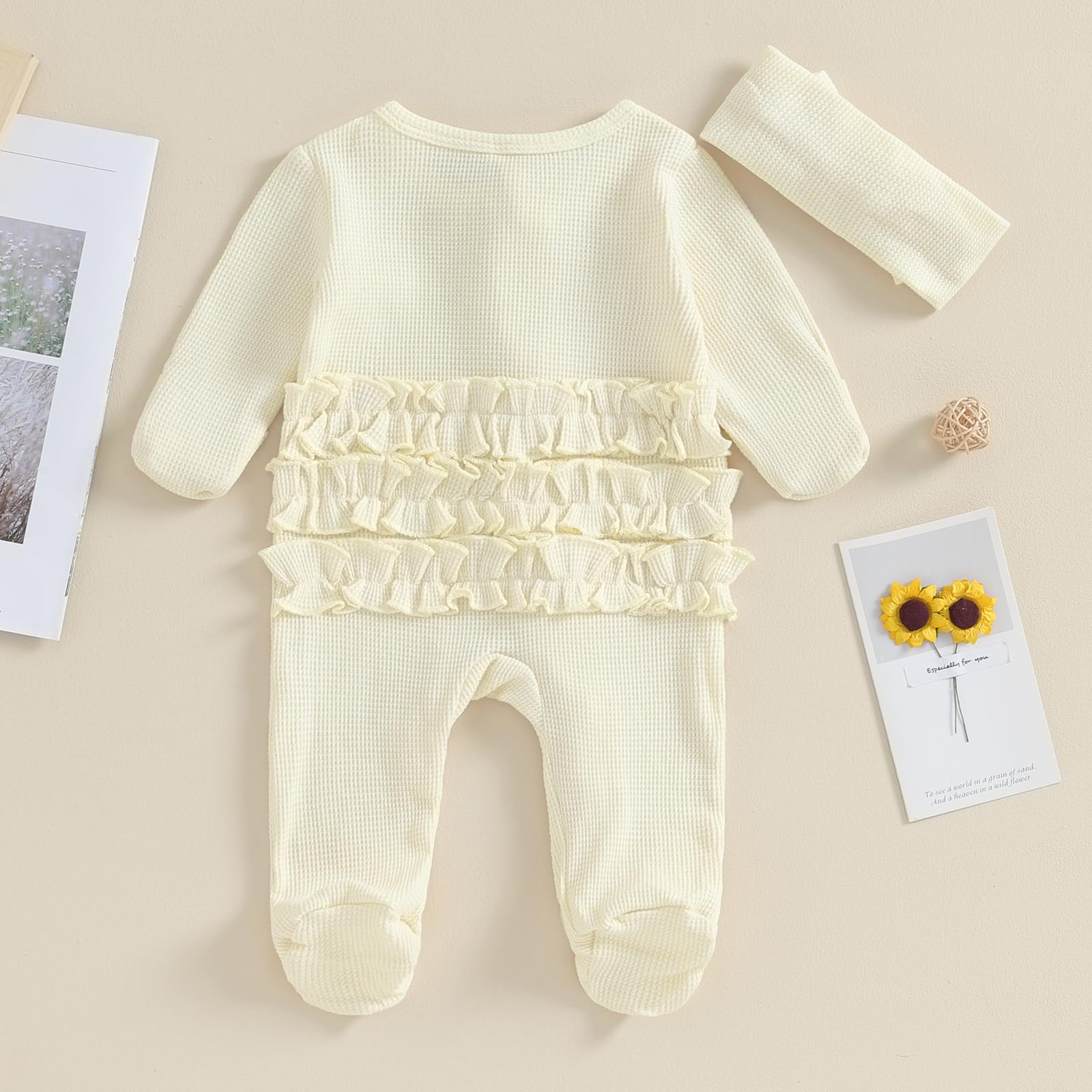 FYBITBO Baby Girl Waffle Knit Romper - Soft Ruffle Jumpsuit with Zipper, Newborn Onesie Outfit for Coming Home, Photo Shoots & Daily Wear (0-24 Months)