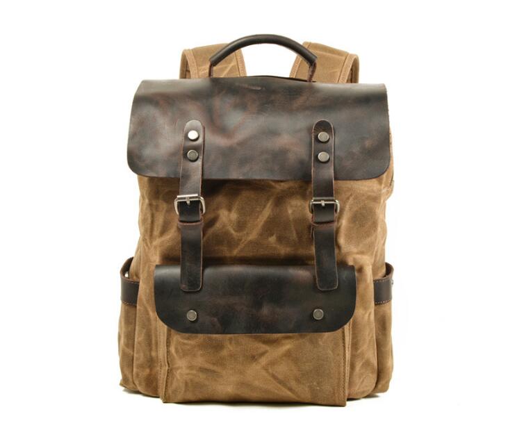 Durable Waxed Canvas & Genuine Leather Backpack - Green, Brown, Grey | Waterproof & Stylish for Outdoor Adventures, Travel & Daily Commute
