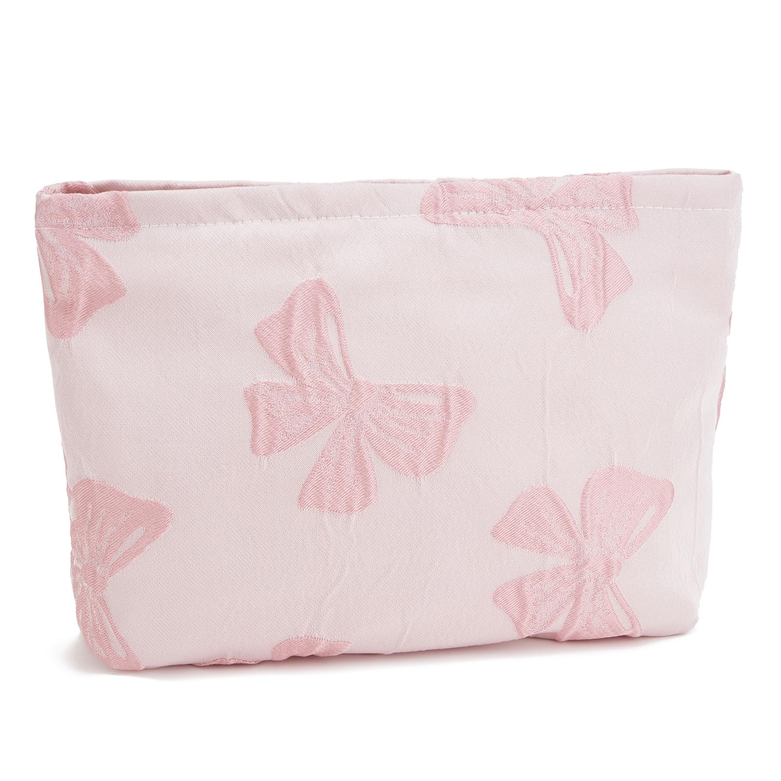 WOZEAH Small Cosmetic Pouch - Stylish Zippered Makeup Bag for Purse, Travel Toiletry Organizer with Bow Design (Pink) - Perfect for Daily Makeup Storage & Travel Essentials