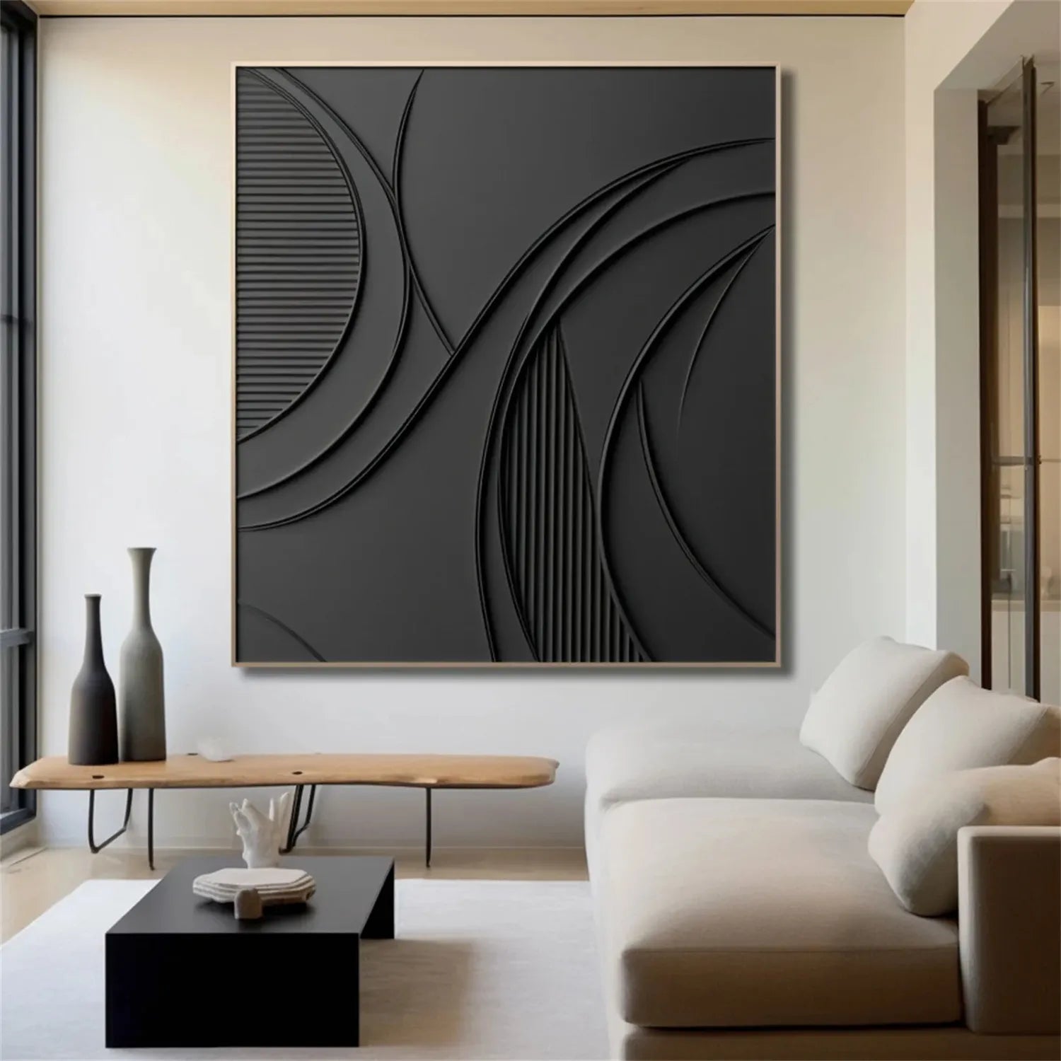 Black Minimalist Textured Painting Canvas #MZ128 - Modern Abstract Wall Art for Living Room, Bedroom & Office Decor