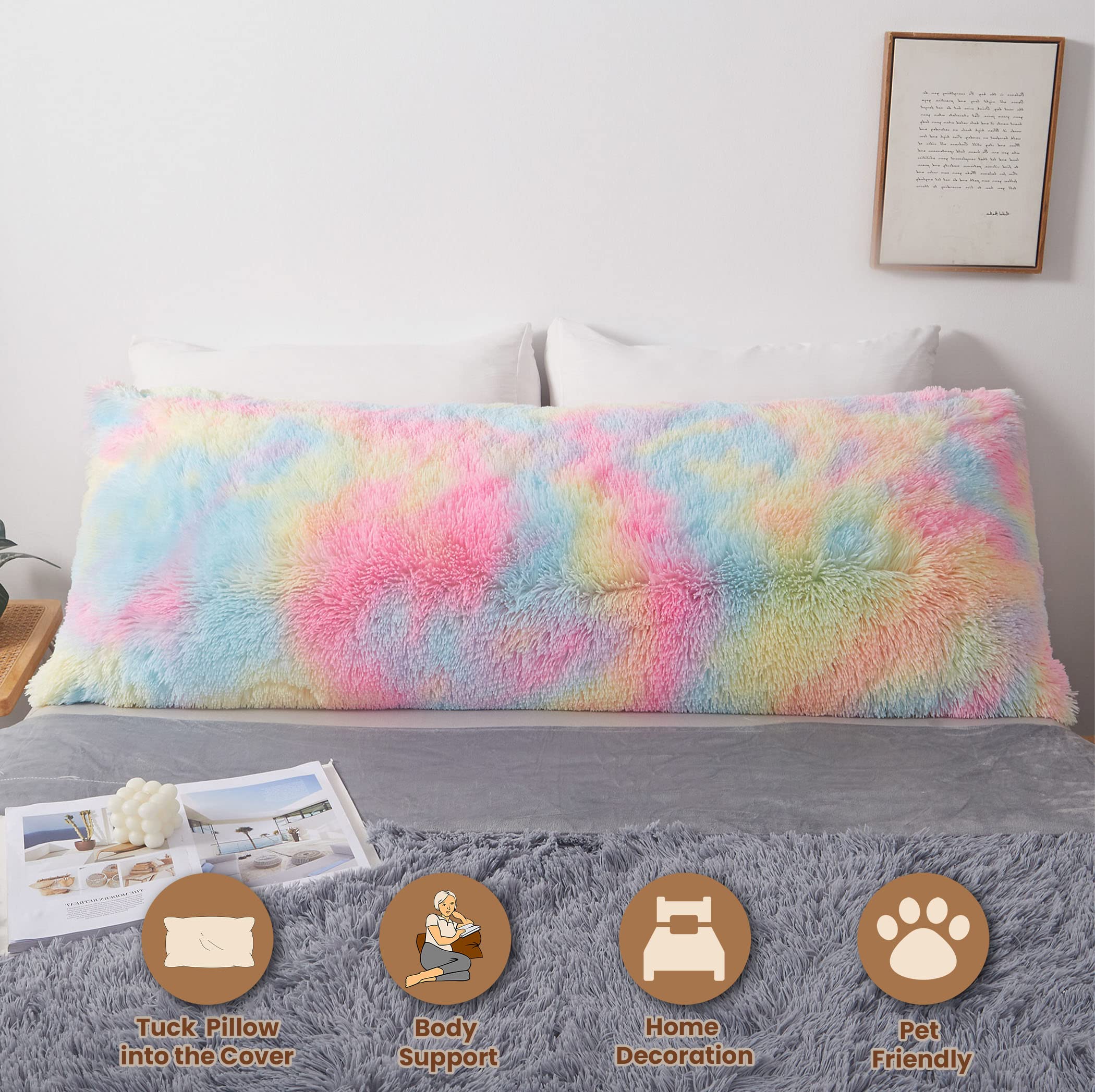 Rainbow Print Fluffy Body Pillow Cover 20x54 - Soft Shaggy Faux Fur Pillow Case with Zipper, Tie Dye Plush Bed Pillow for Kids, Girls & Women - Perfect for Bedroom Decor, Nap Time & Cozy Movie Nights