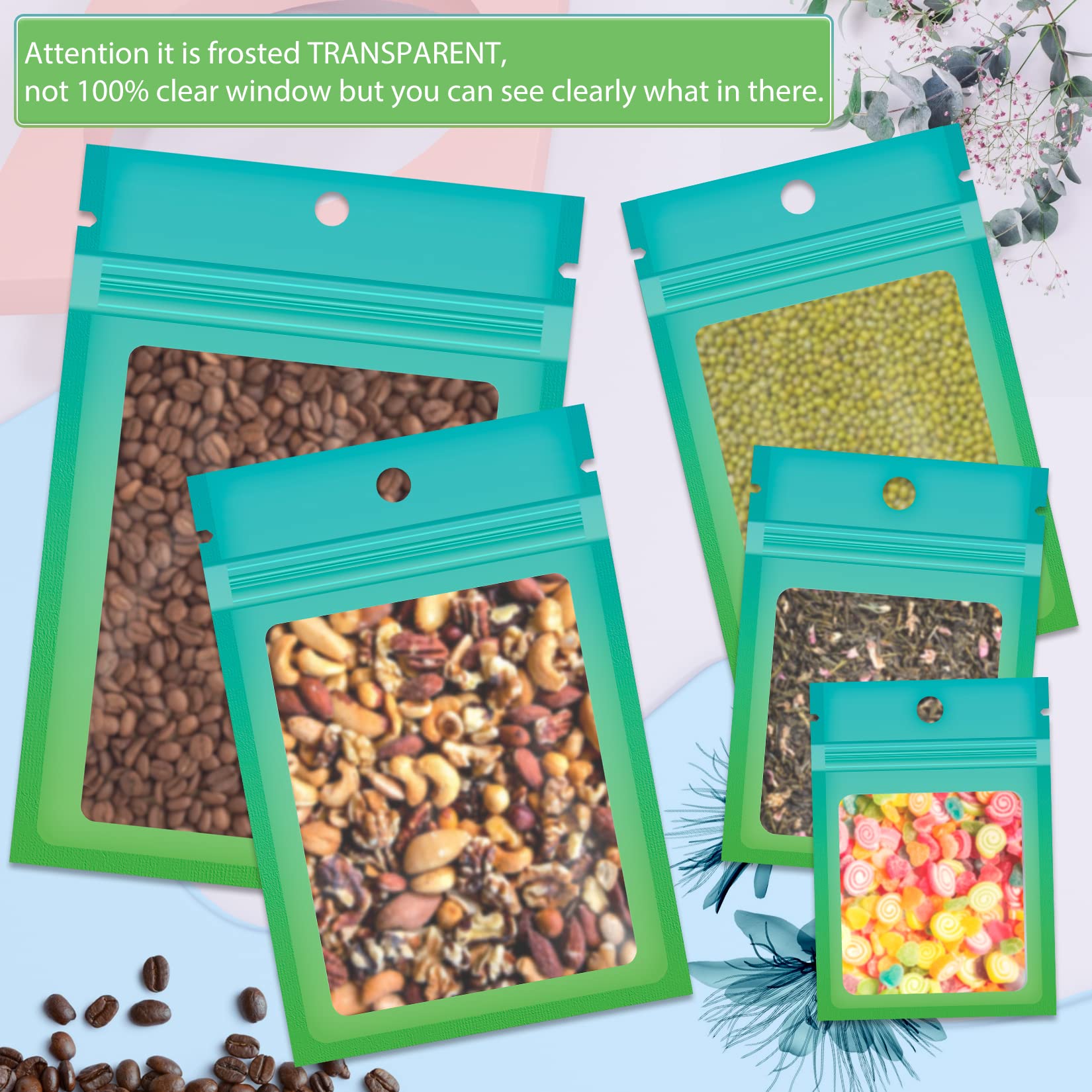 Funfery 100 Pack Resealable Smell Proof Food Storage Bags - 4x6 Inch Clear Mylar Zipper Pouch for Jewelry, Eyelash, Gloss Samples (Blue Green) | Ideal for Small Business Packaging & Organizing