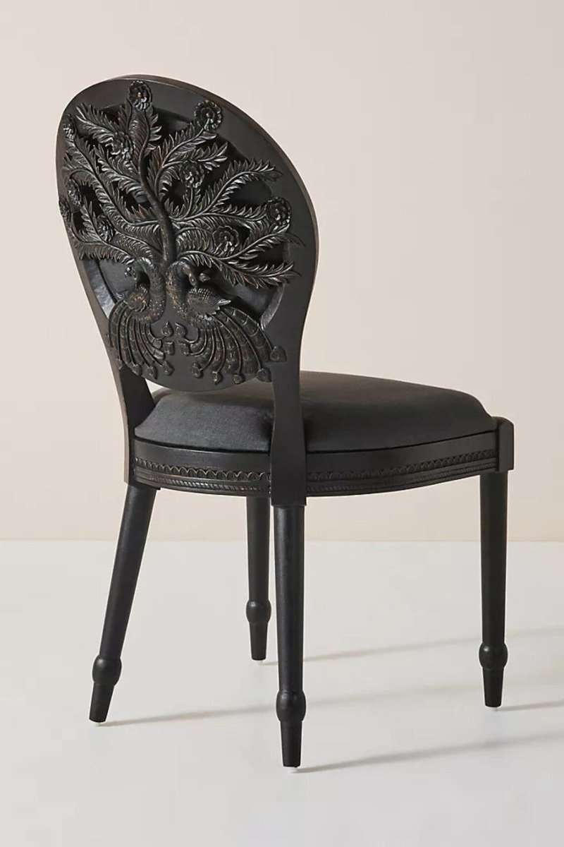 Hand Carved Peacock Design Wooden Dining Chair - Traditional Indian Handcrafted Furniture for Home Decor, Living Room, Dining Room & Office Use